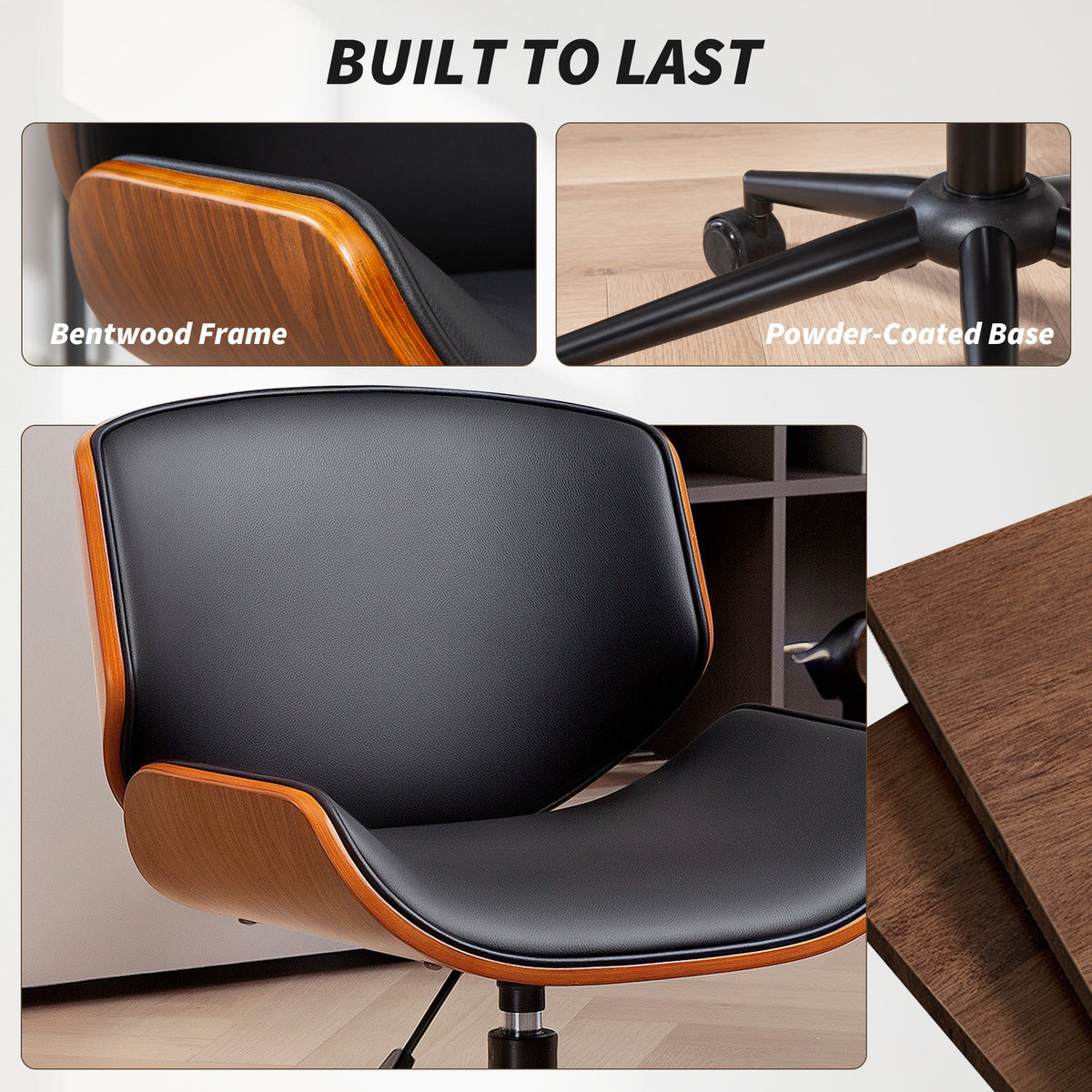 Mid-Century Modern Office Chair No Arms with Wheels, Bentwood, Black