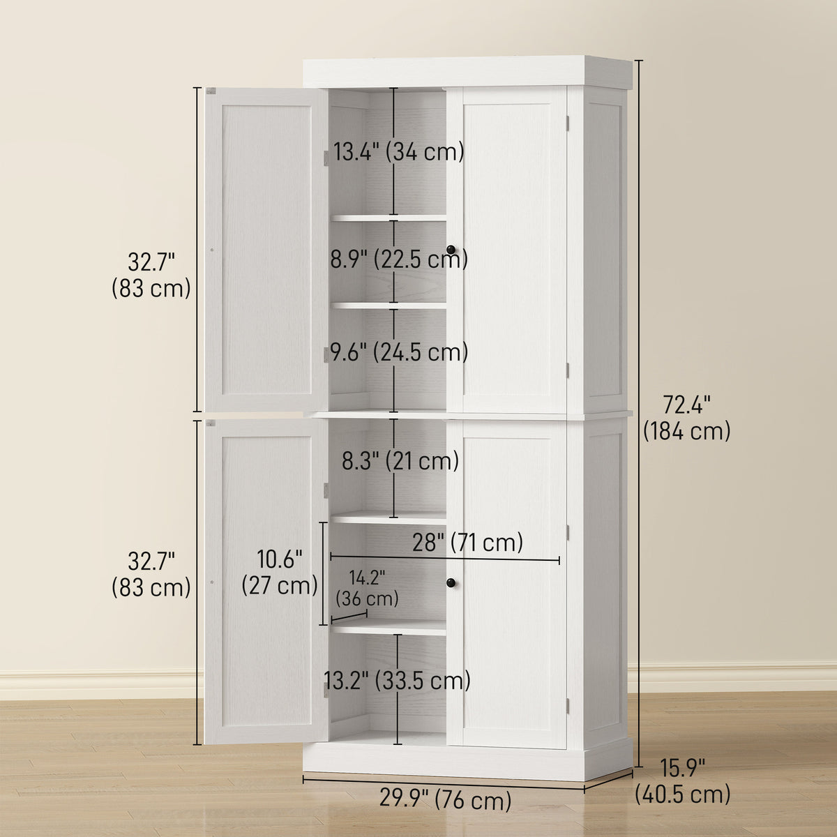 Freestanding Kitchen Pantry Cabinet with 4 Doors – 30"W x 73"H, White