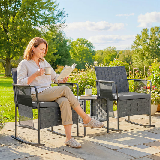 3 Pieces Rocking Bistro Set Outdoor Patio Furniture Set with Side Pockets, Mesh Seat, Cushions, 2-Tier Table