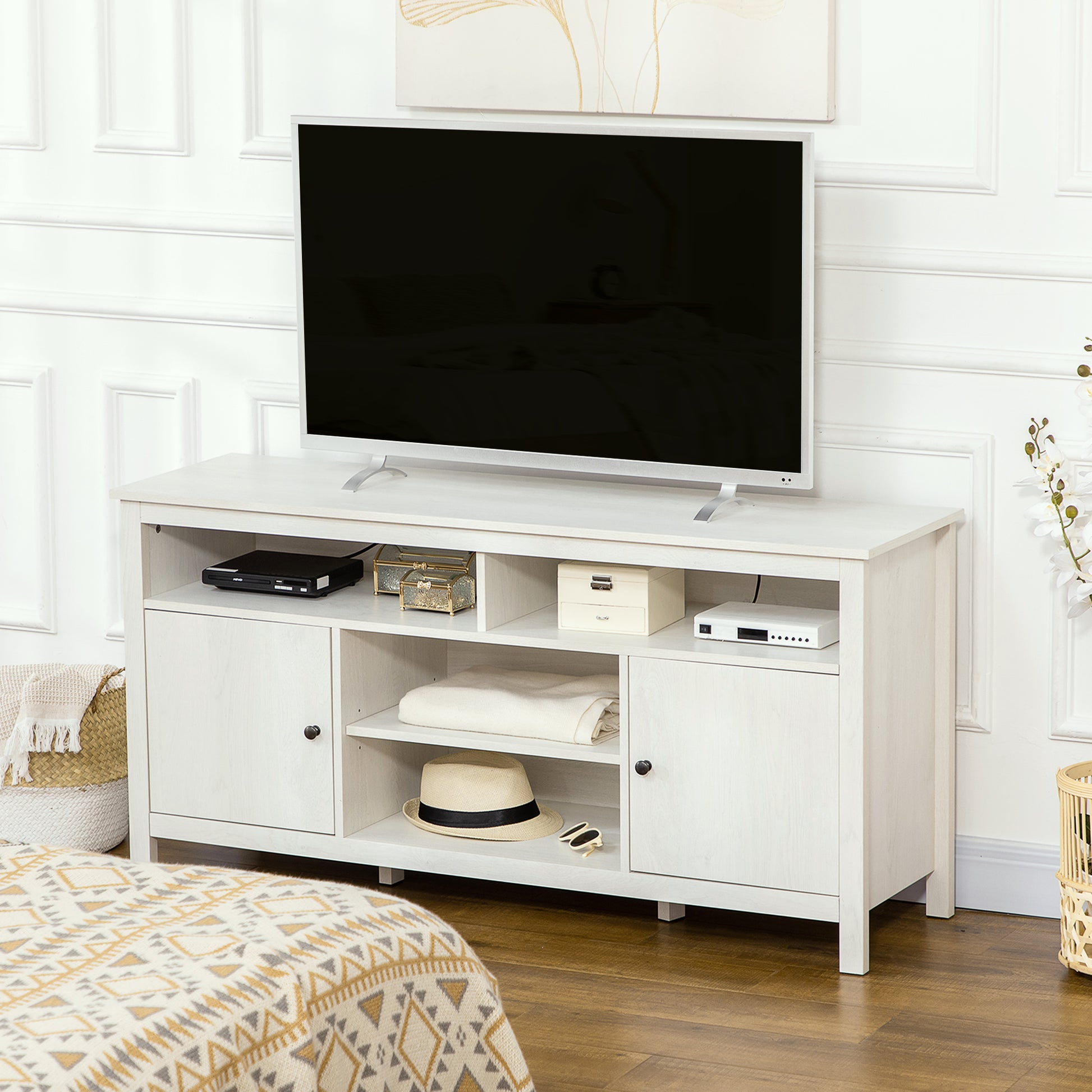 HOMCOM Modern White TV Stand for 65-inch TVs, Storage Shelves & Cabinets, Cable Management