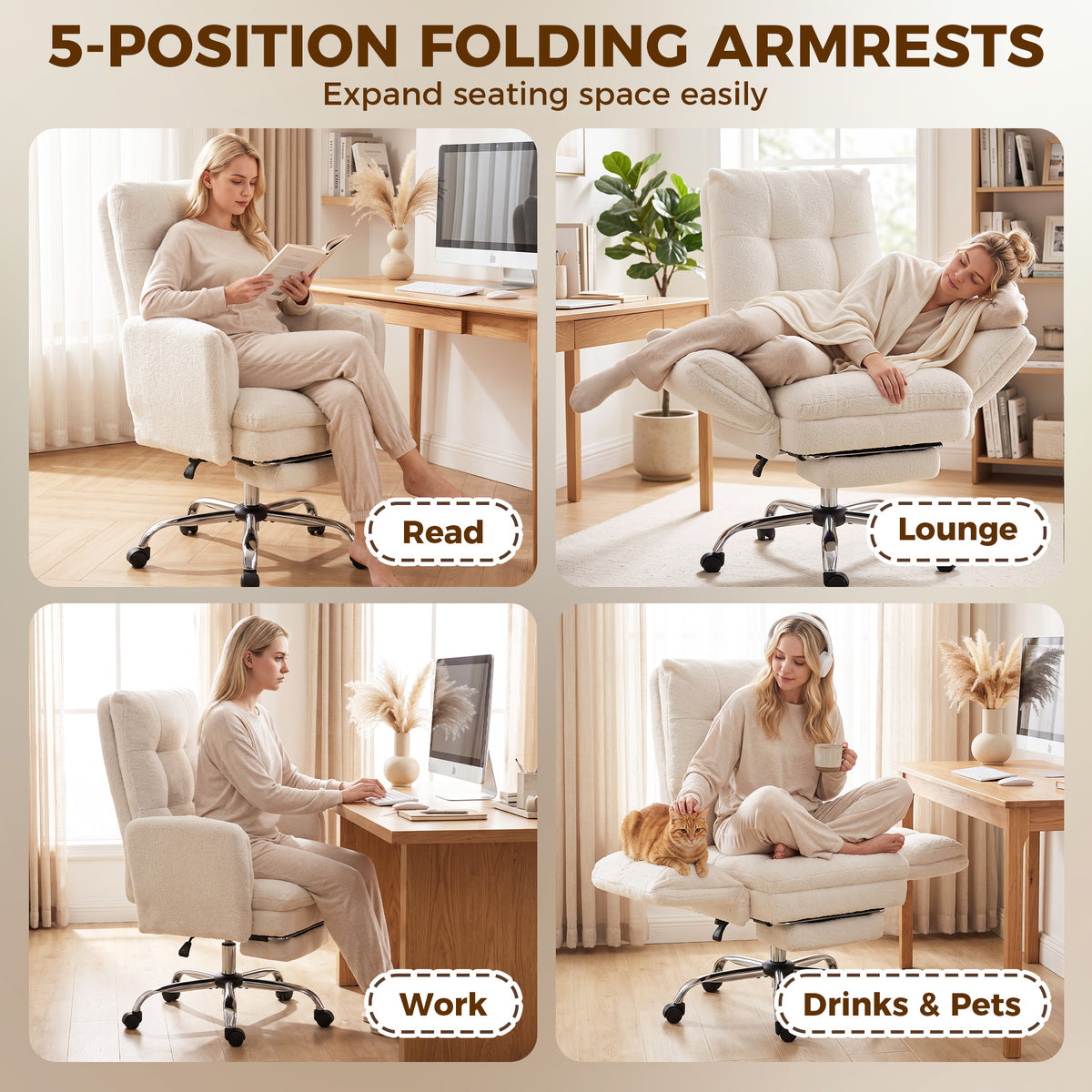 Office Chair, Teddy Fleece Executive Computer Desk Chair with Foldable Armrests, Cream White
