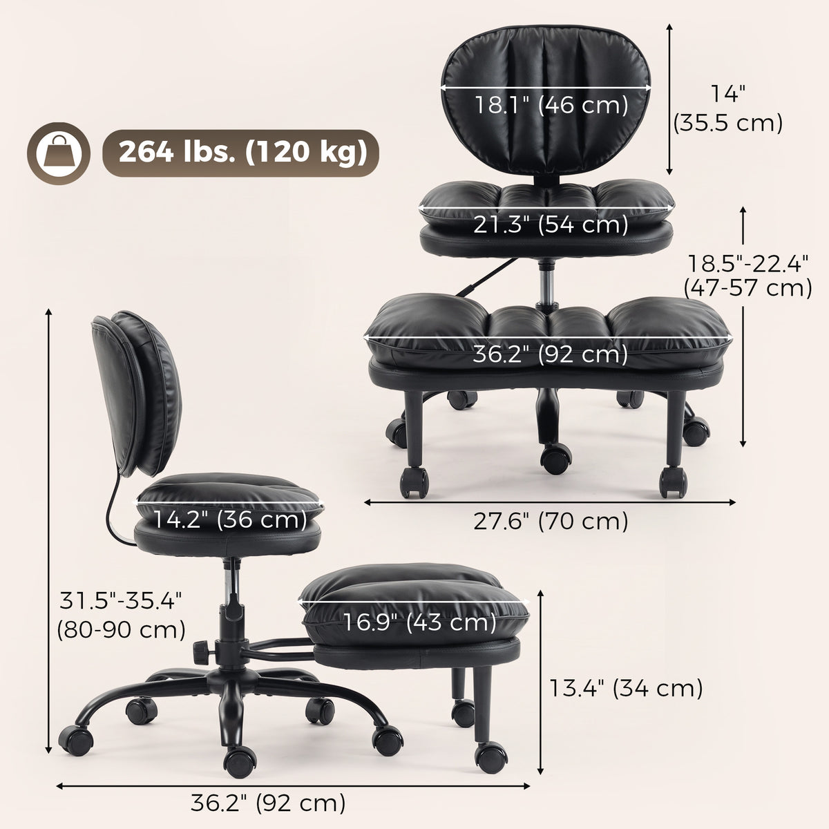 Ergonomic Cross Legged Office Chair with Detachable Footrest, Black