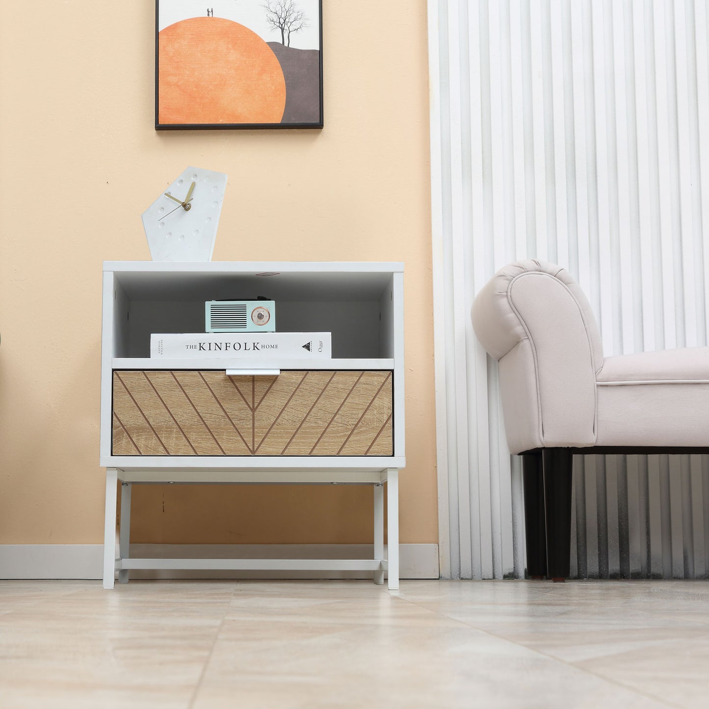 Modern Bedside Table with Drawer and Shelf, White Oak Nightstand