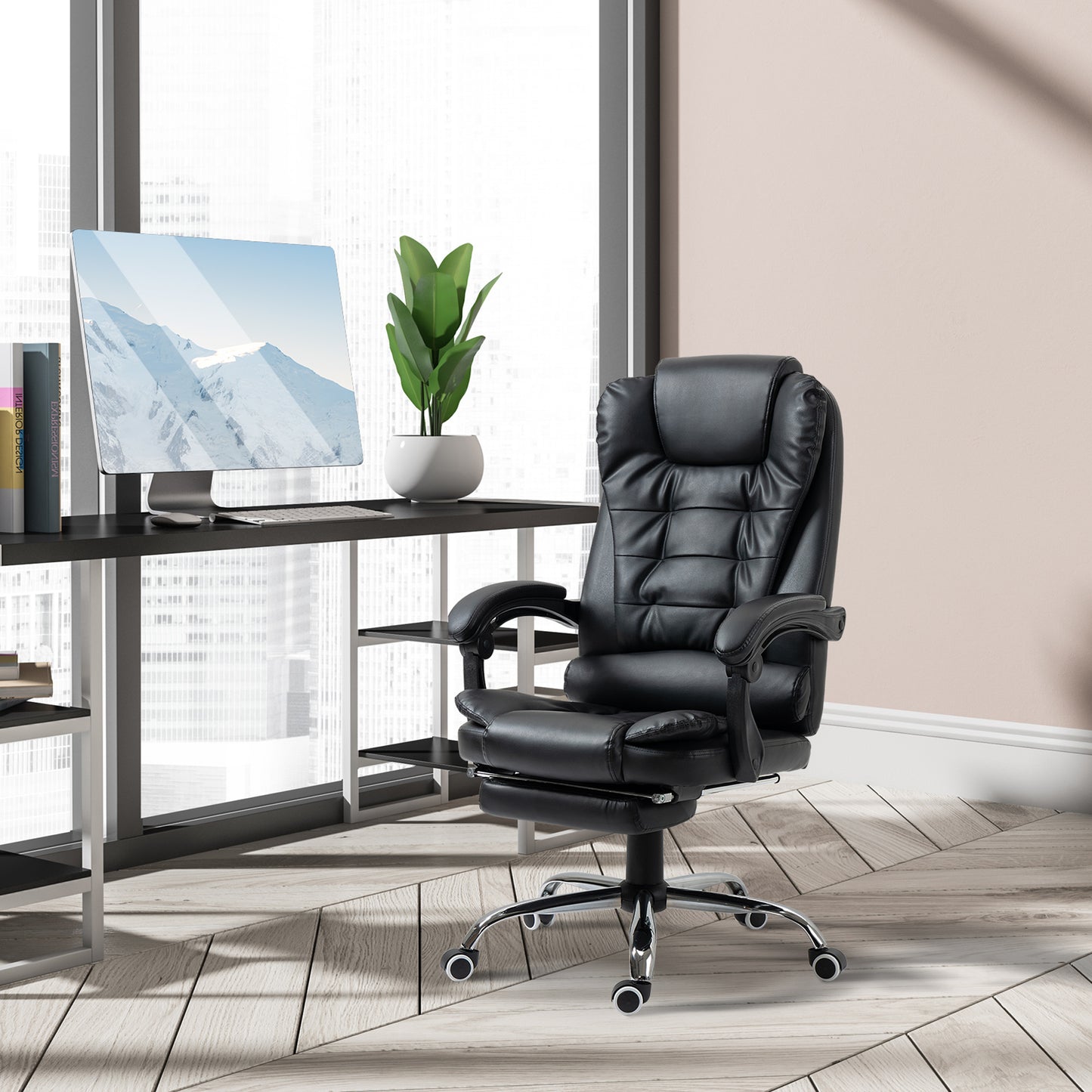 HOMCOM Ergonomic High-Back Executive Office Chair with Retractable Footrest, Black PU Leather