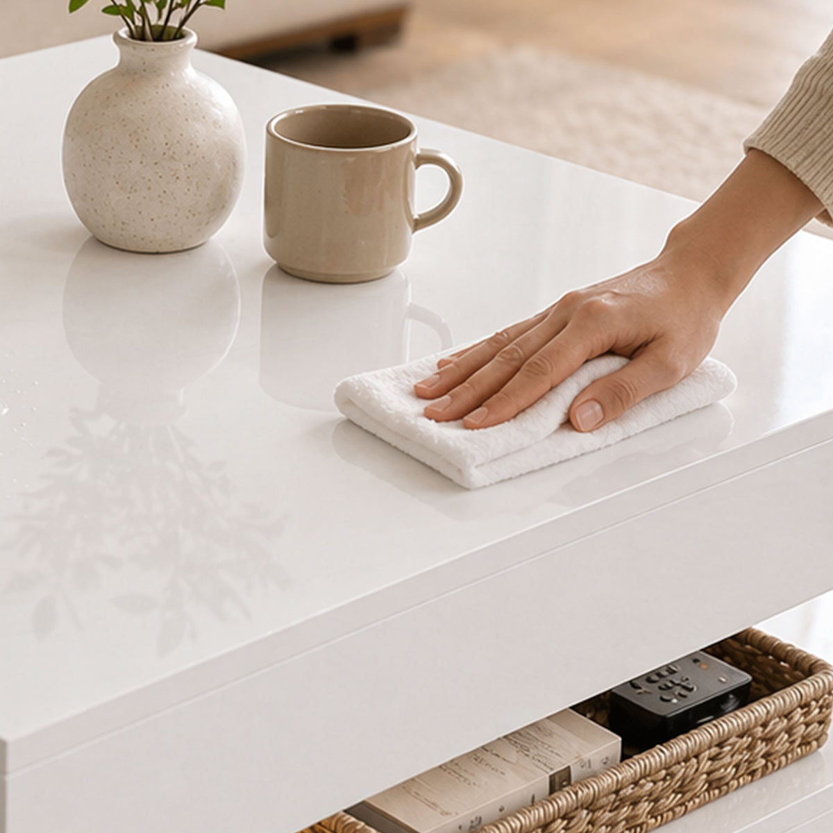 Square LED Coffee Table with 2-Tier Open Storage, High Gloss White