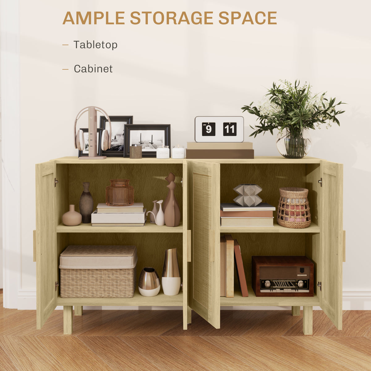 Boho Sideboard Buffet Cabinet with 4 Rattan Doors and Adjustable Shelves – 47"W x 30"H