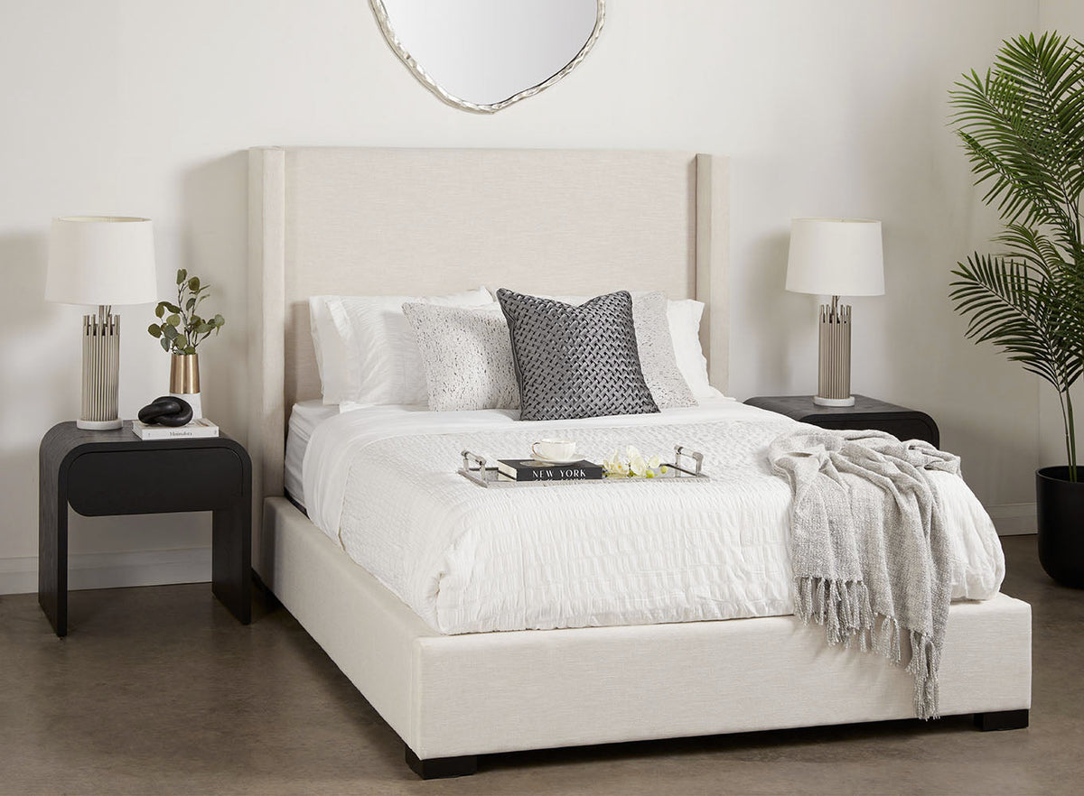 Wingback Upholstered Bed – Beige Fabric