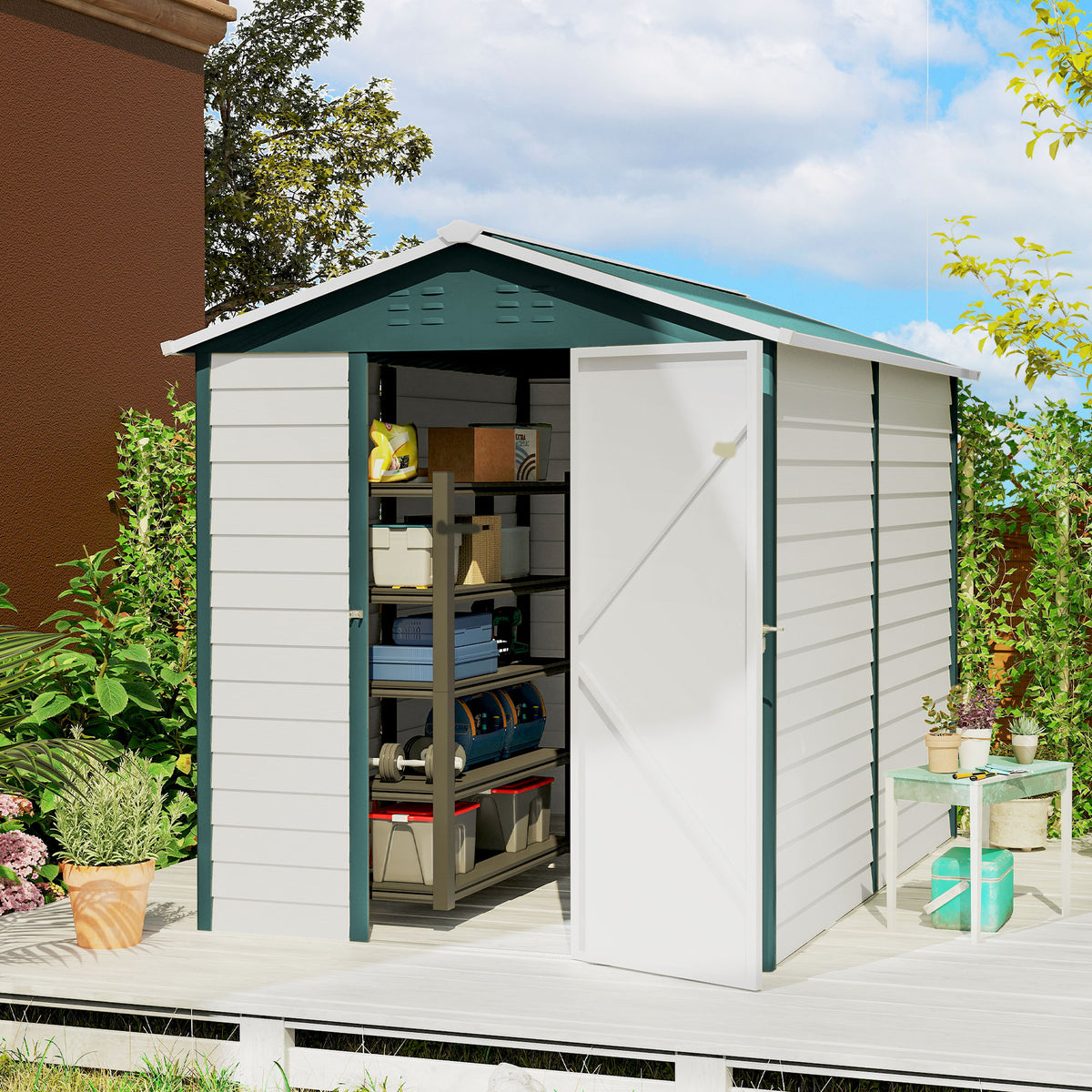 9' x 6' Garden Shed, Outdoor Storage Patio Shed w/ Sloped Roof, Lockable Door for Patio Lawn – Green