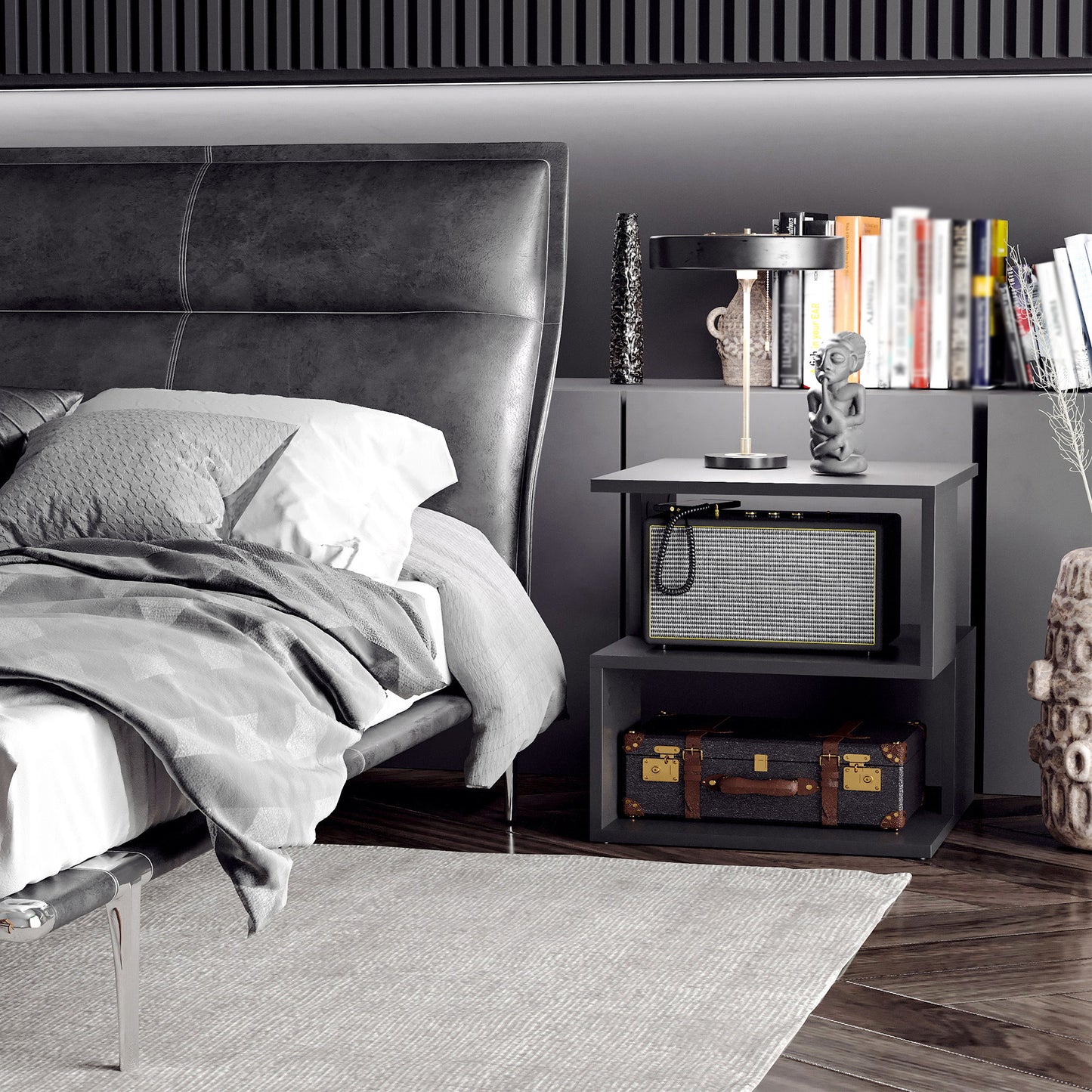 Modern Square 3-Tier Wood Coffee Side End Table with Storage Shelves Black