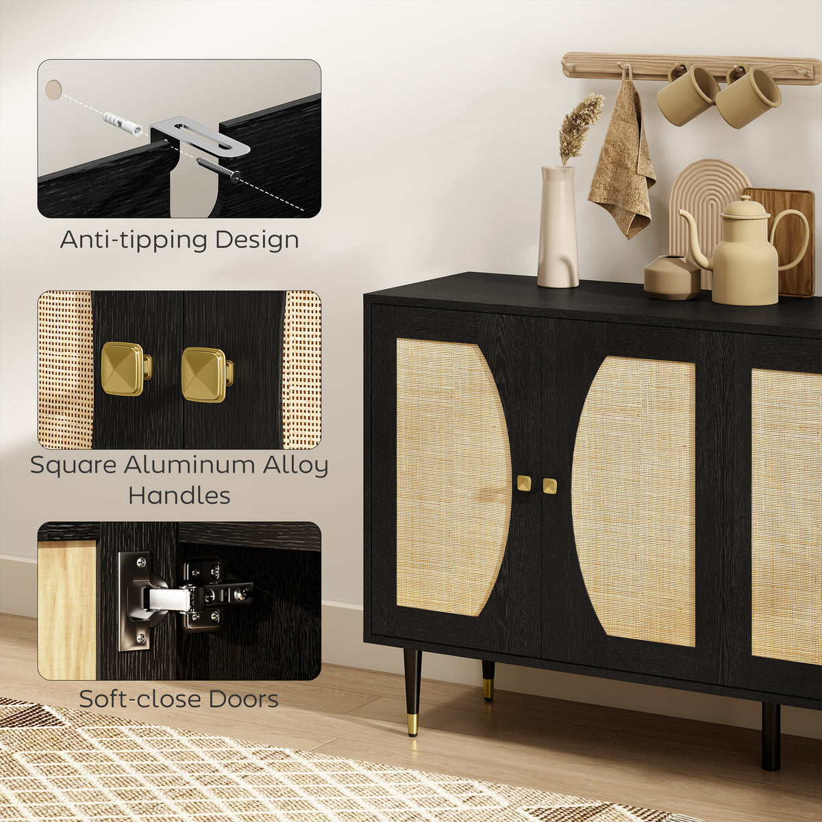 Boho Sideboard with Rattan Doors and Soft-Close Hinges – 55"W x 31"H