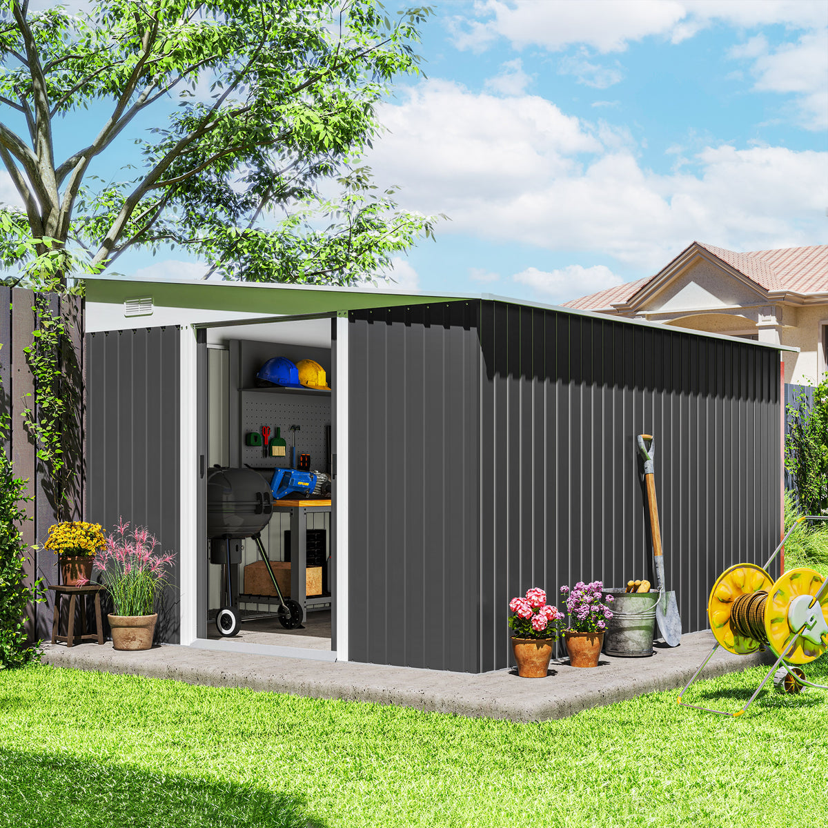 11' x 9' Steel Garden Storage Shed, Outdoor Metal Tool House with Double Sliding Doors – Dark Grey