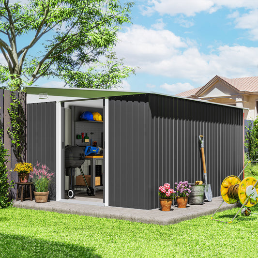 11' x 9' Steel Garden Storage Shed, Outdoor Metal Tool House with Double Sliding Doors – Dark Grey
