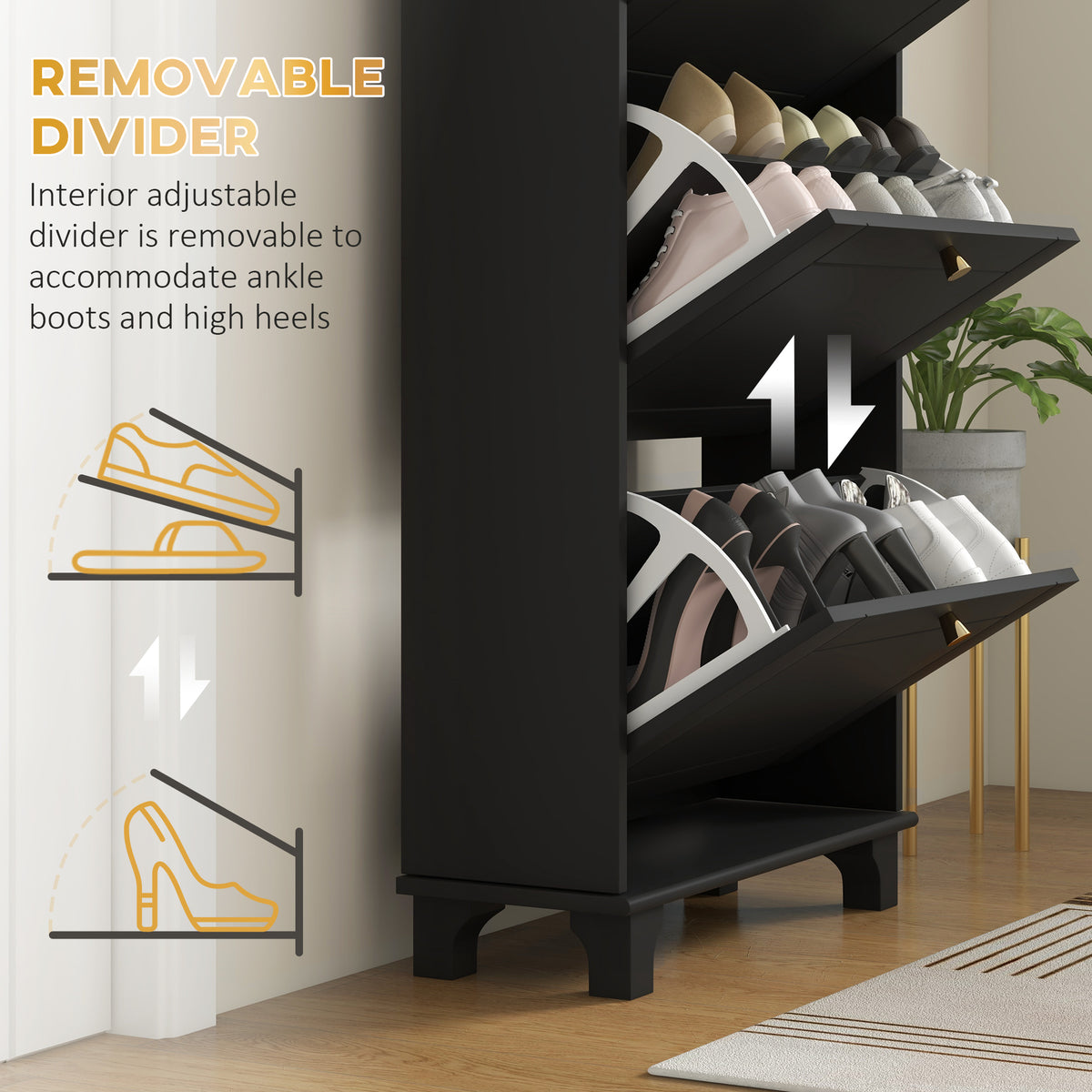 Narrow Shoe Storage with 3 Flip Drawers and Adjustable Shelves – 24"W x 49"H