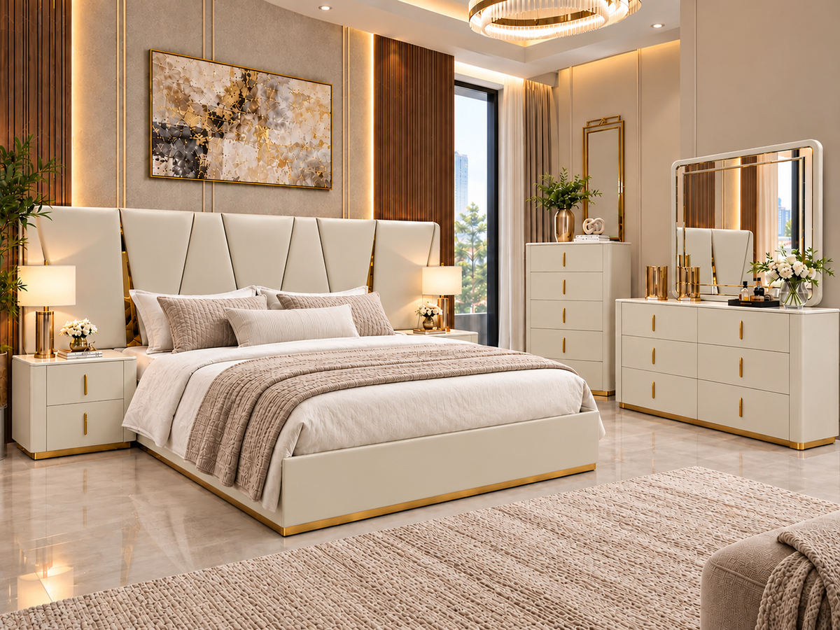 Nora Bedroom Set – Modern Cream & Gold Queen and King Bedroom Collection