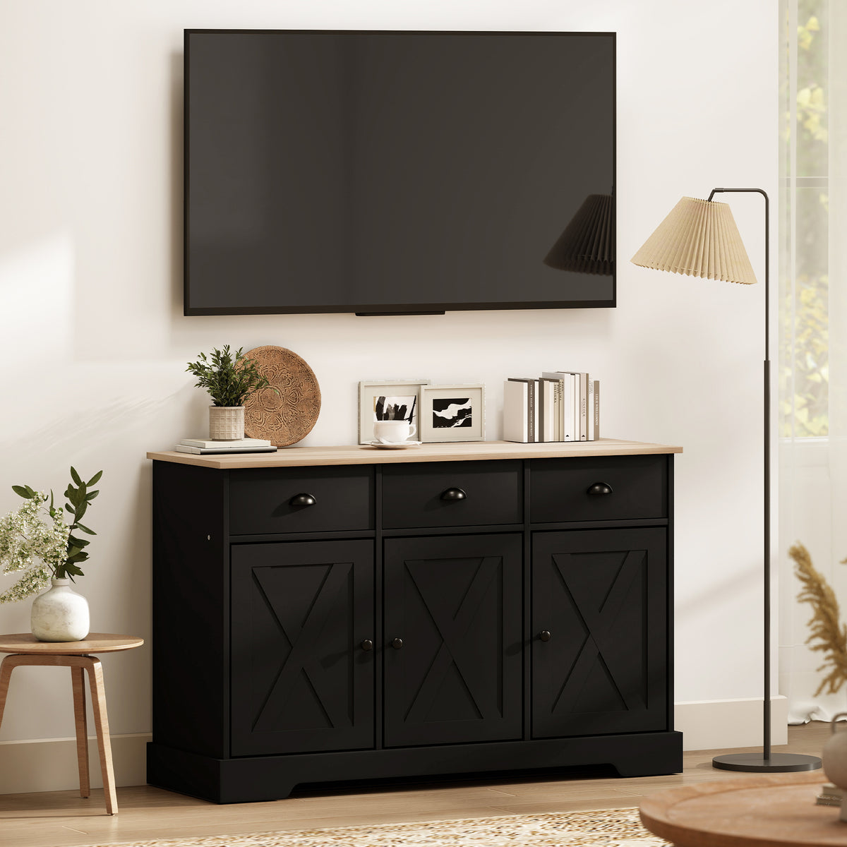 Farmhouse Sideboard with 3 Barn Doors and 3 Drawers – 47"W x 30"H