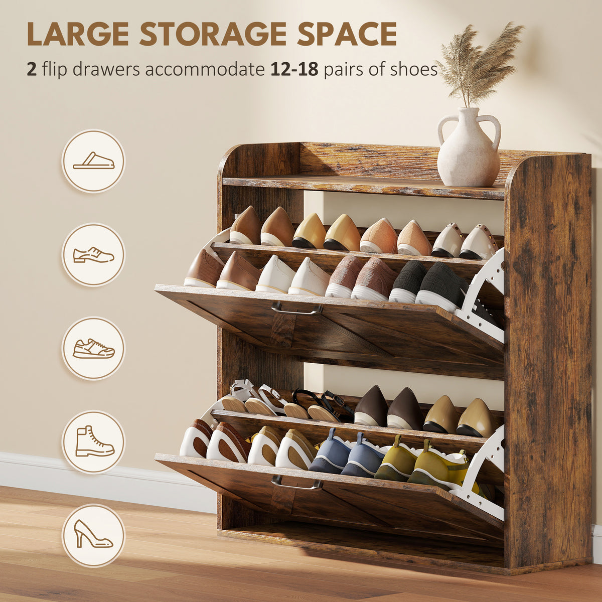 Farmhouse Shoe Cabinet with 2 Flip Drawers – 31"W x 34"H