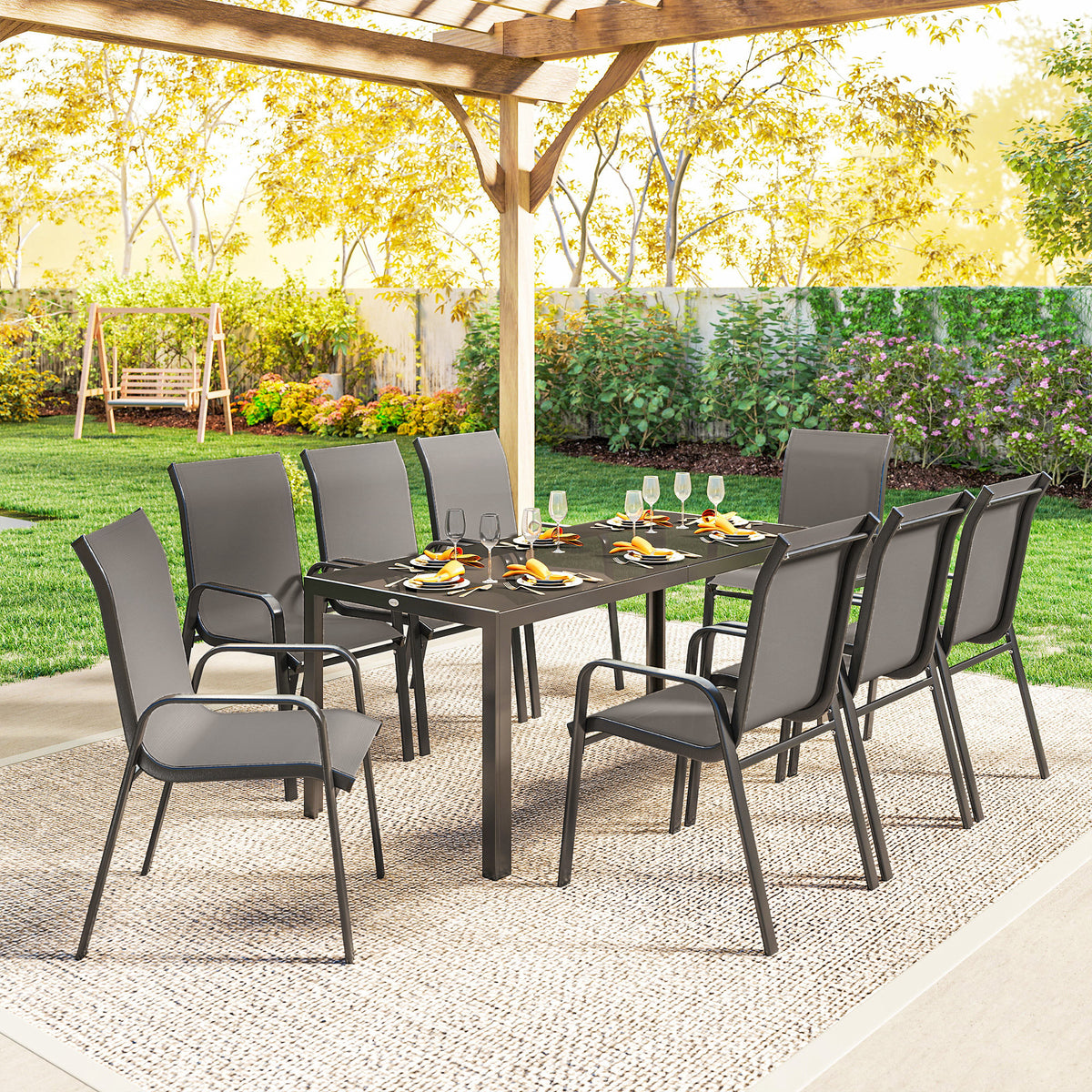 Outdoor Dining Sets for 8 with Stackable Chairs, Patio Dining Set with Glass Top Table for Garden, Patio, Backyard – Dark Grey