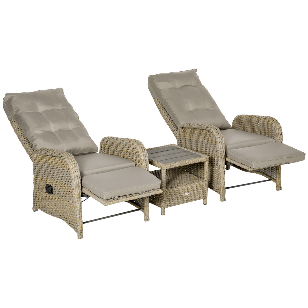 3 Pieces Patio Wicker Bistro Set, PE Rattan Coffee Table & Adjustable Recline Chairs Furniture Set with Cushions and Wood Grain Plastic Top – Khaki