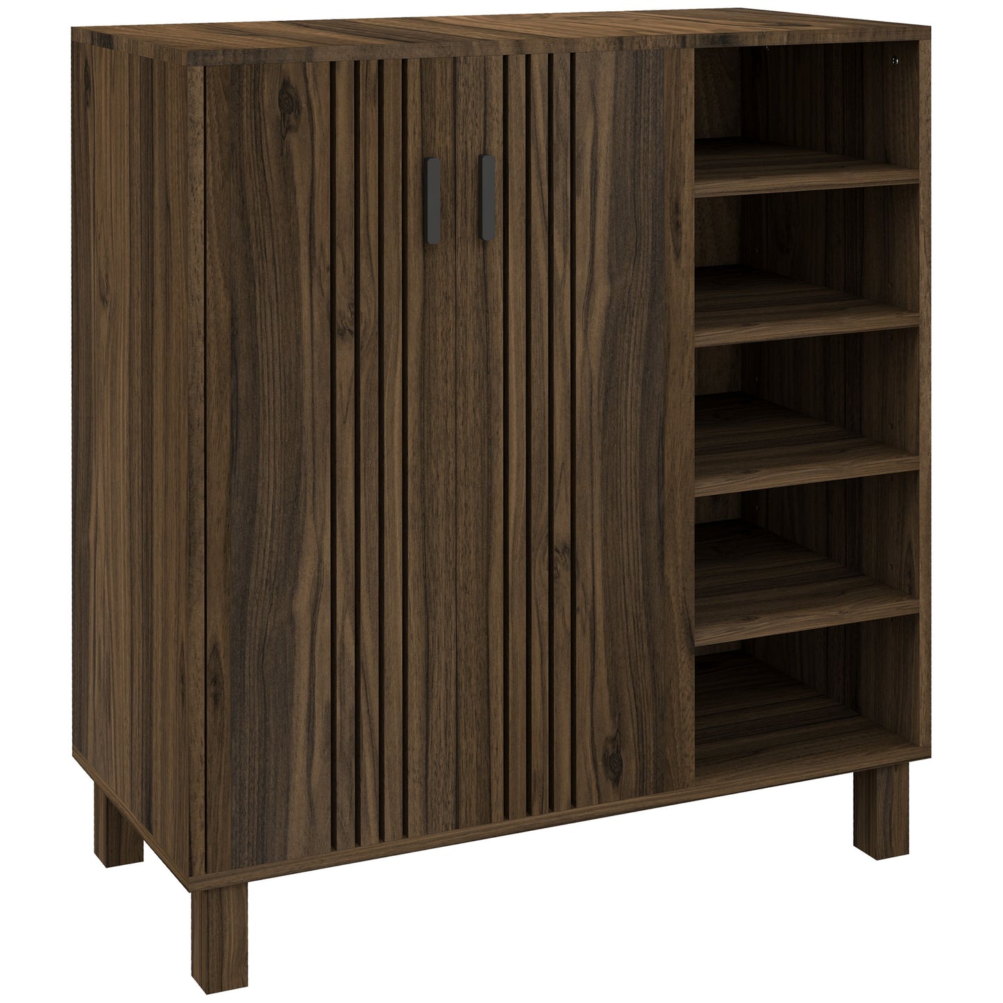 HOMCOM Walnut Shoe Storage Organizer with Double Doors and Open Shelves