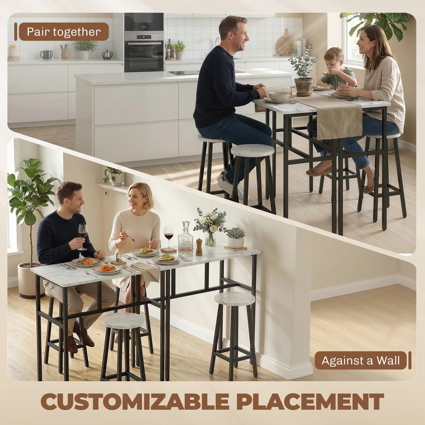 HOMCOM Bar Table Set Industrial Style White Marble
