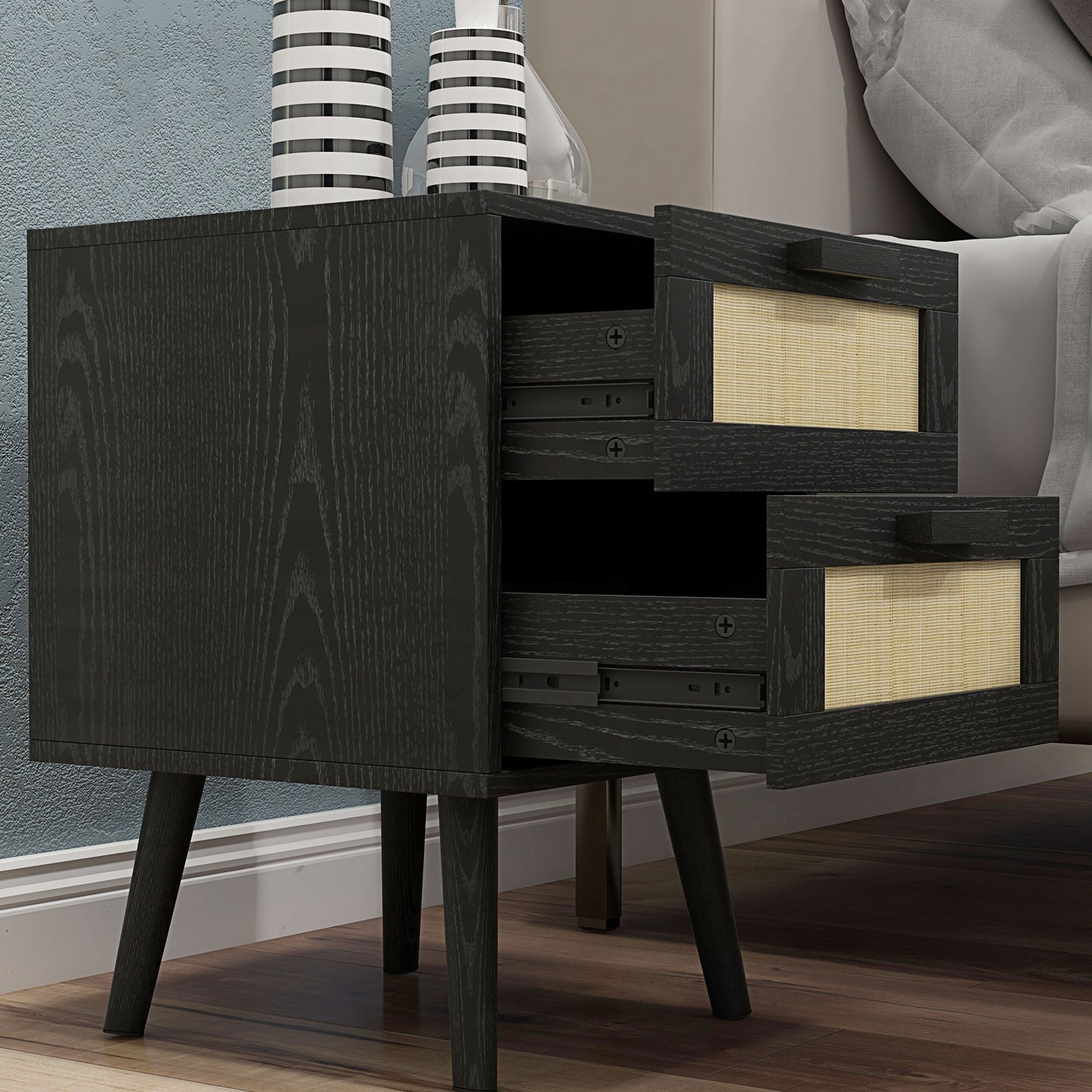 HOMCOM Boho Nightstands Set of 2, Black Bedside Tables with Storage Drawers