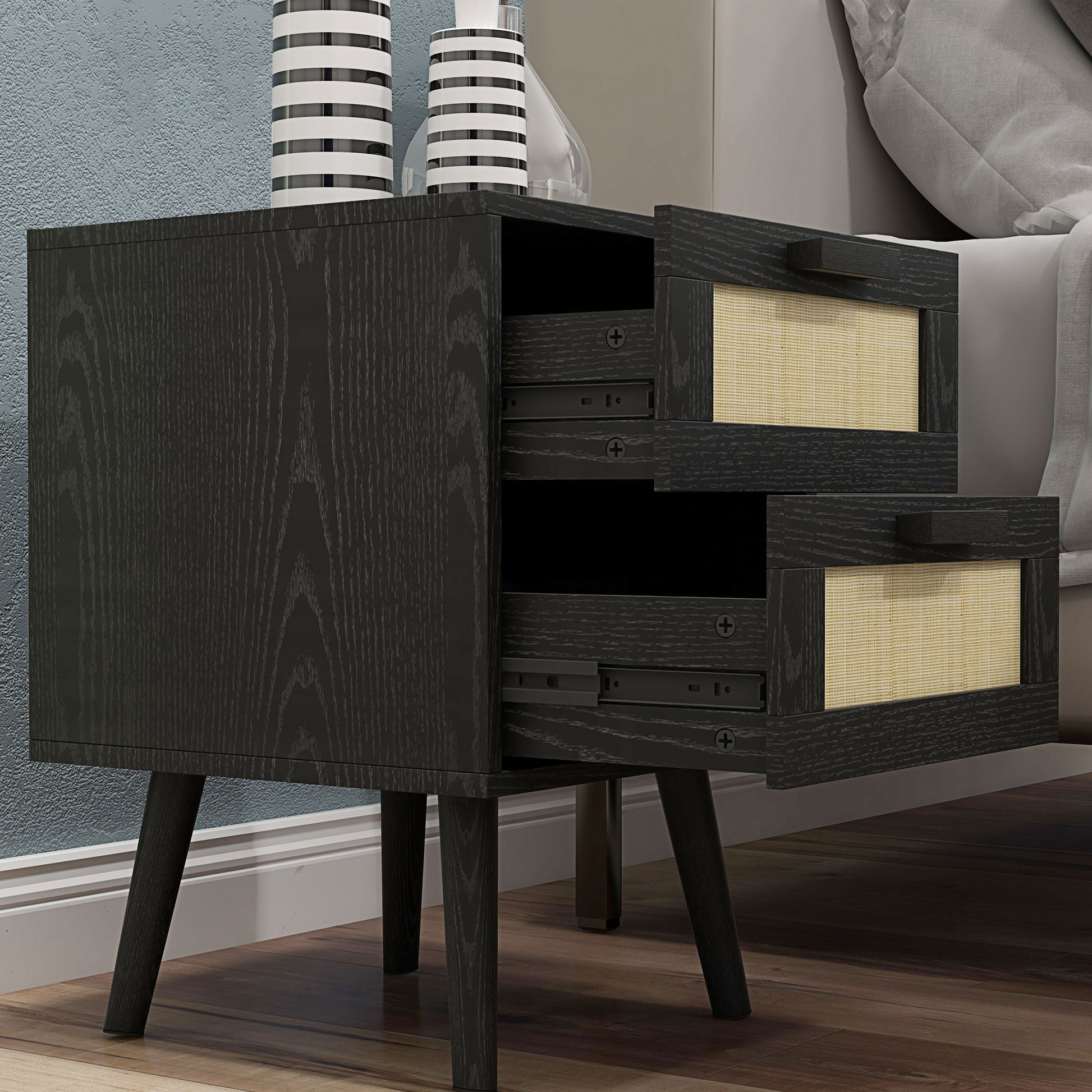 HOMCOM Boho Nightstands Set of 2, Black Bedside Tables with Storage Drawers