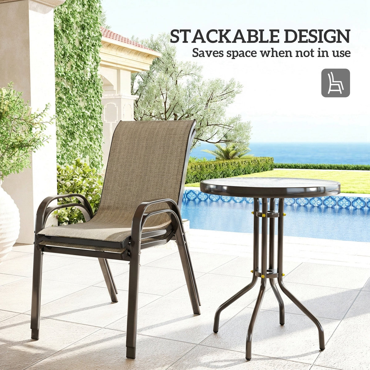3 Pieces Bistro Set, Small Patio Furniture Set with Stackable Mesh Chairs, Glass Table for Garden, Balcony – Mixed Brown
