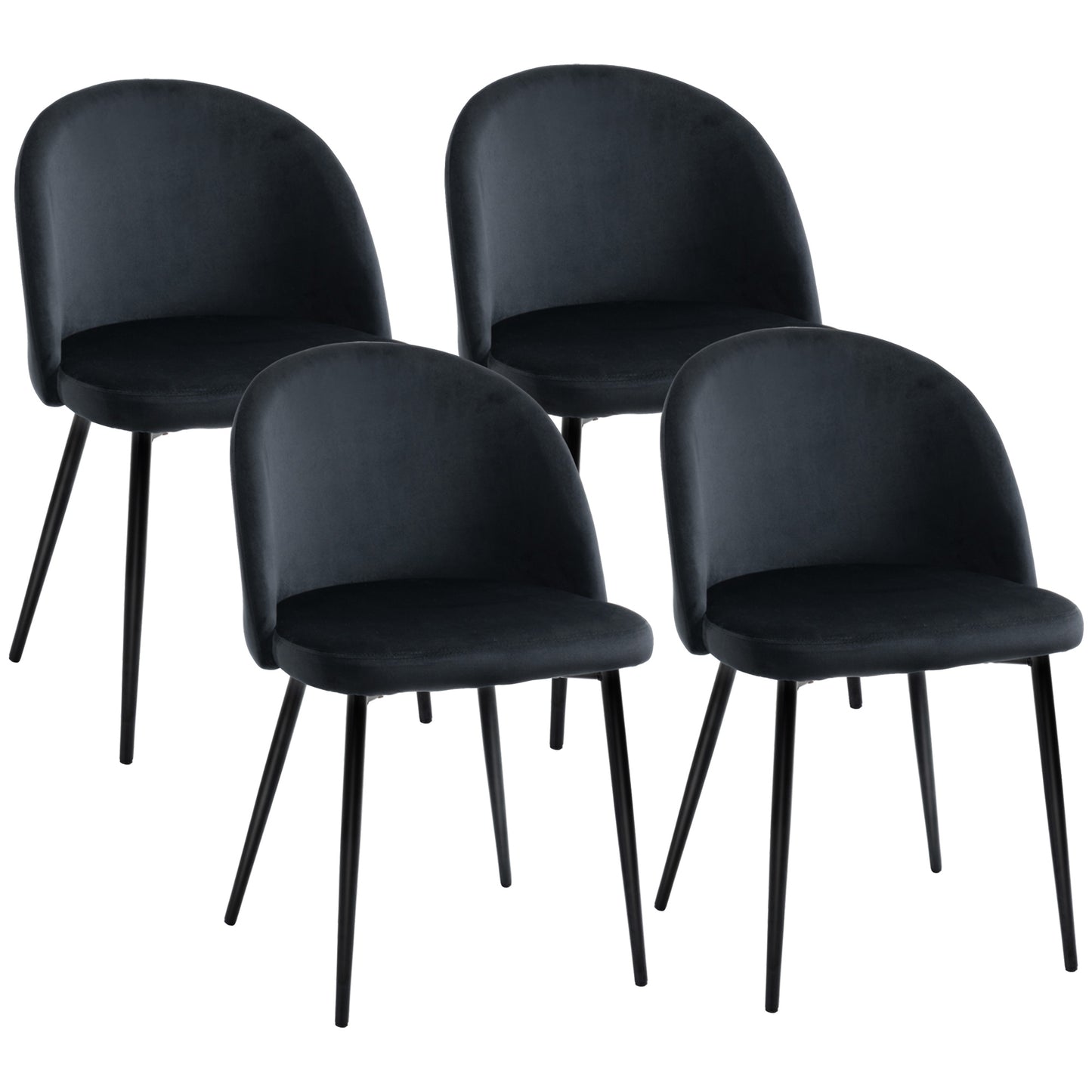 Modern Velvet Mid-Back Dining Chairs Set of 4, Black Upholstery, Sturdy Metal Legs