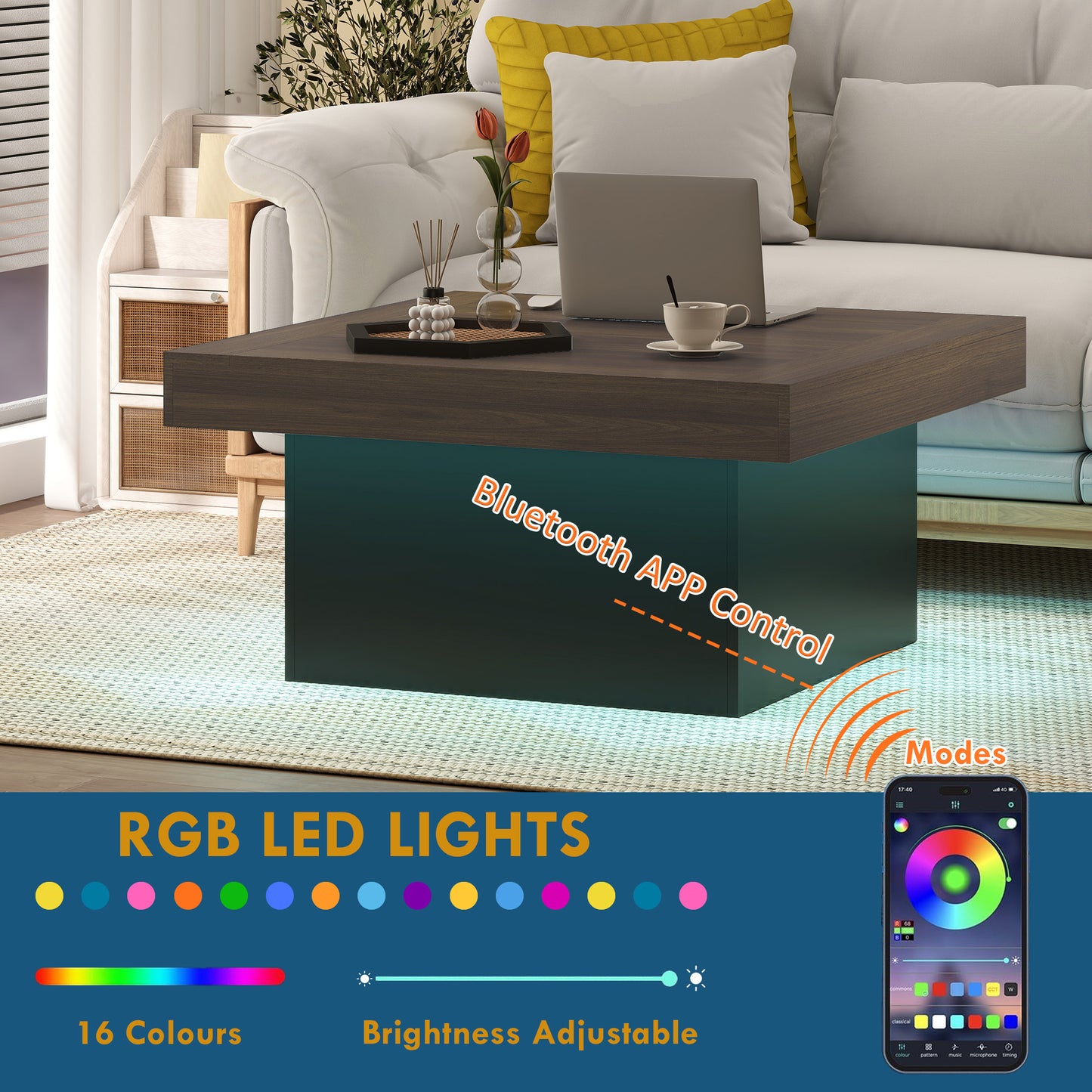 HOMCOM Square Coffee Table with 16-Colour LED Lights, Walnut, 35-Inch