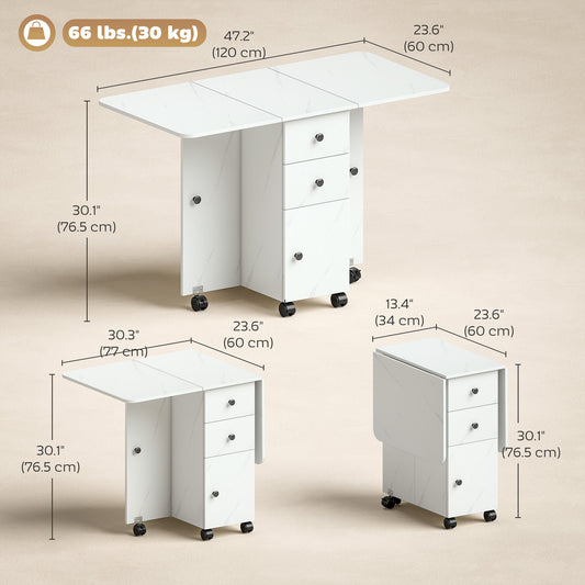Drop Leaf Dining Table, Mobile Folding Table on Wheels with Drawers and Cabinet for Dining Room, Kitchen