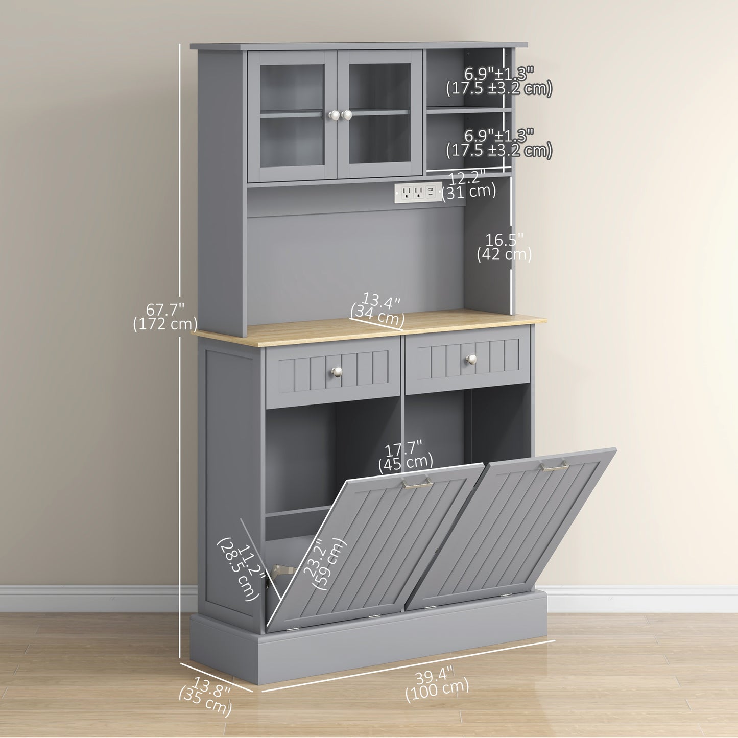 HOMCOM Kitchen Cabinet with Charging Station Freestanding Grey