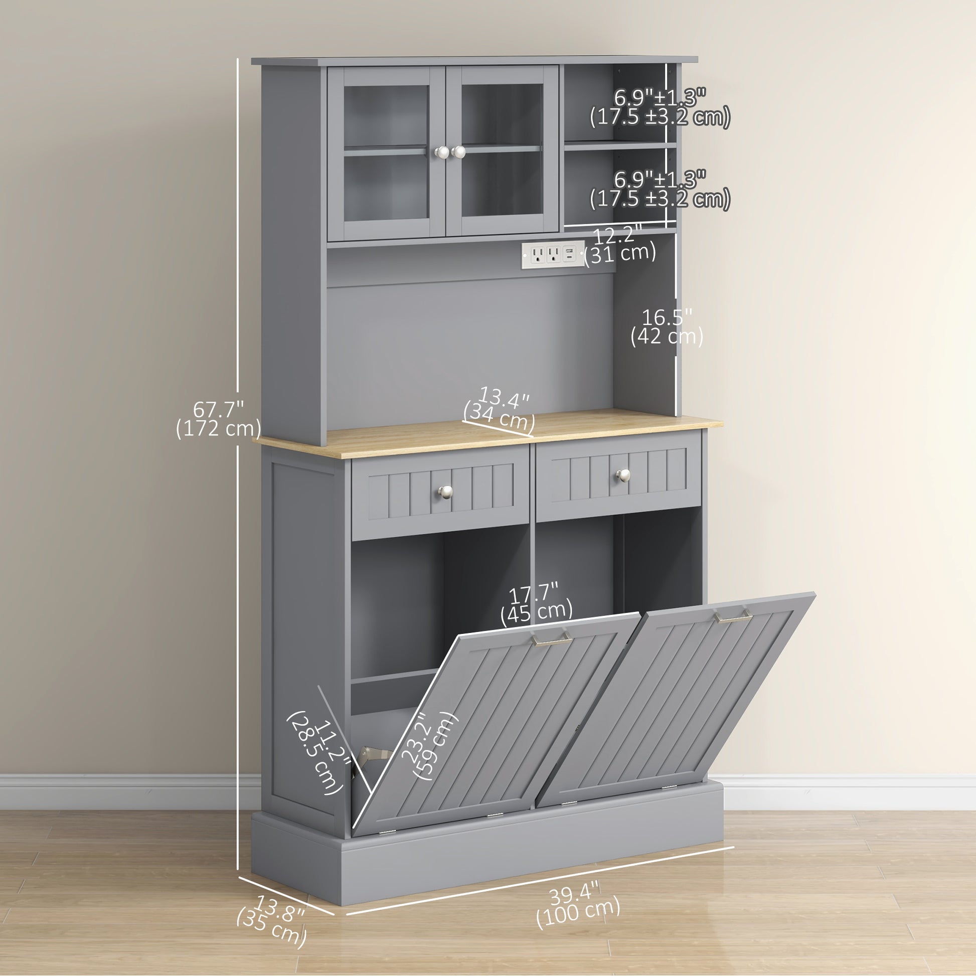 HOMCOM Kitchen Cabinet with Charging Station Freestanding Grey