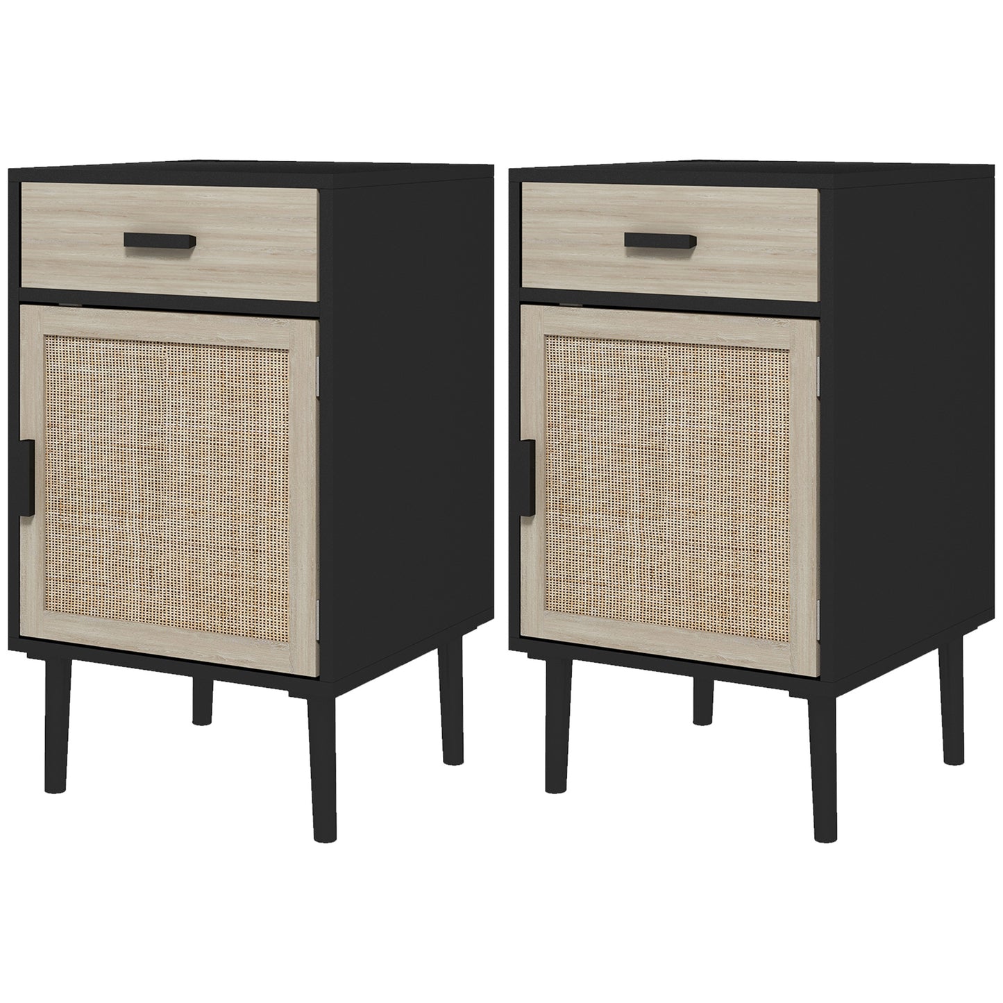 Boho Rattan Bedside Tables Set of 2 with Drawer, Adjustable Shelf, Oak Finish