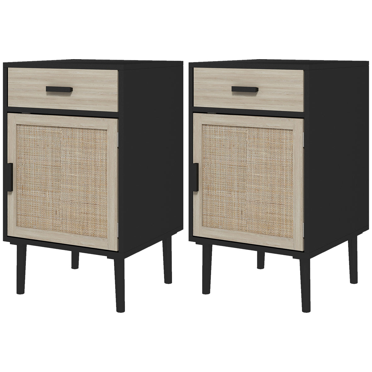 Boho Rattan Nightstands with Drawer and Cabinet, Set of 2 – 16"W x 27"H
