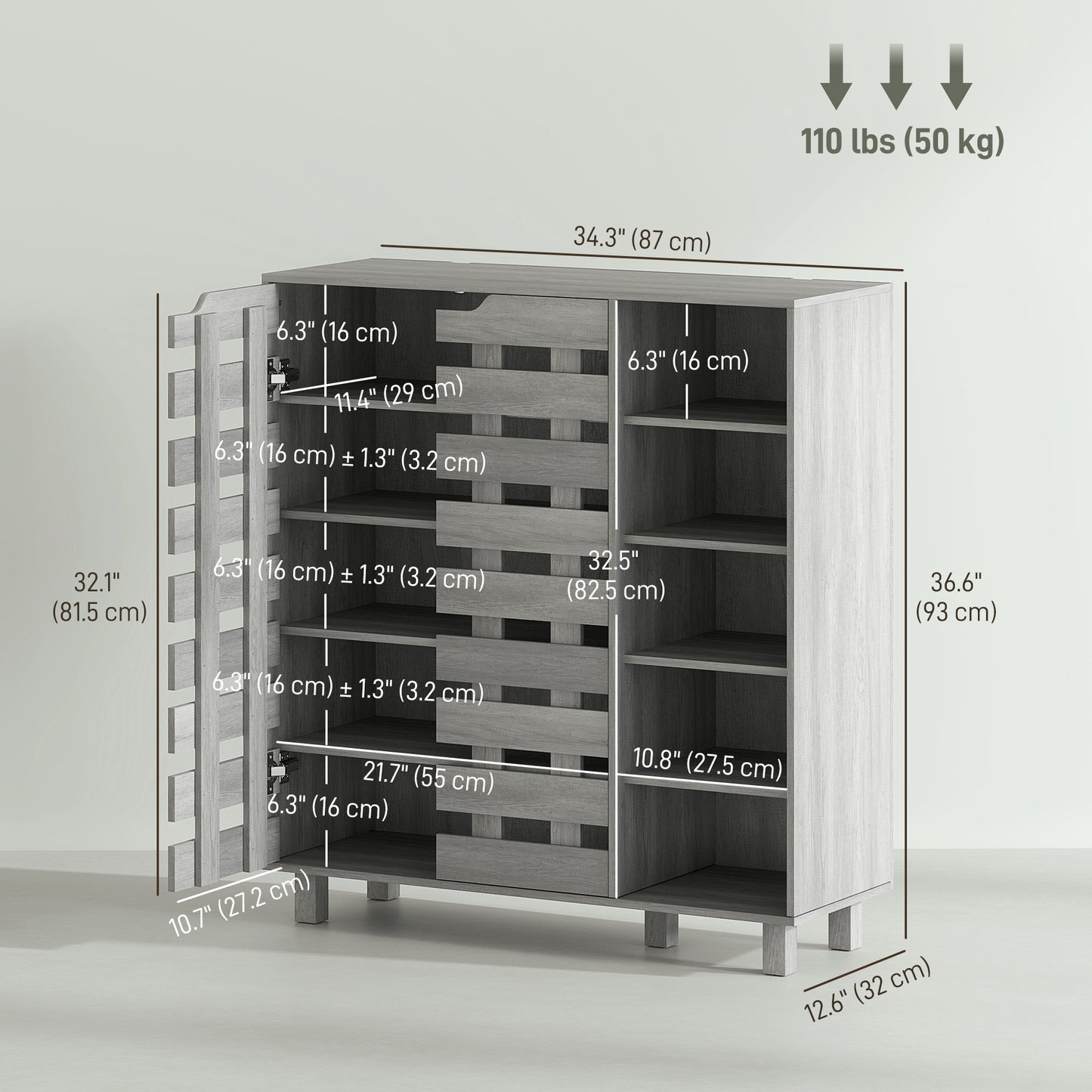 HOMCOM Modern Light Grey Shoe Cabinet Organizer, 21 Pair Storage with Doors
