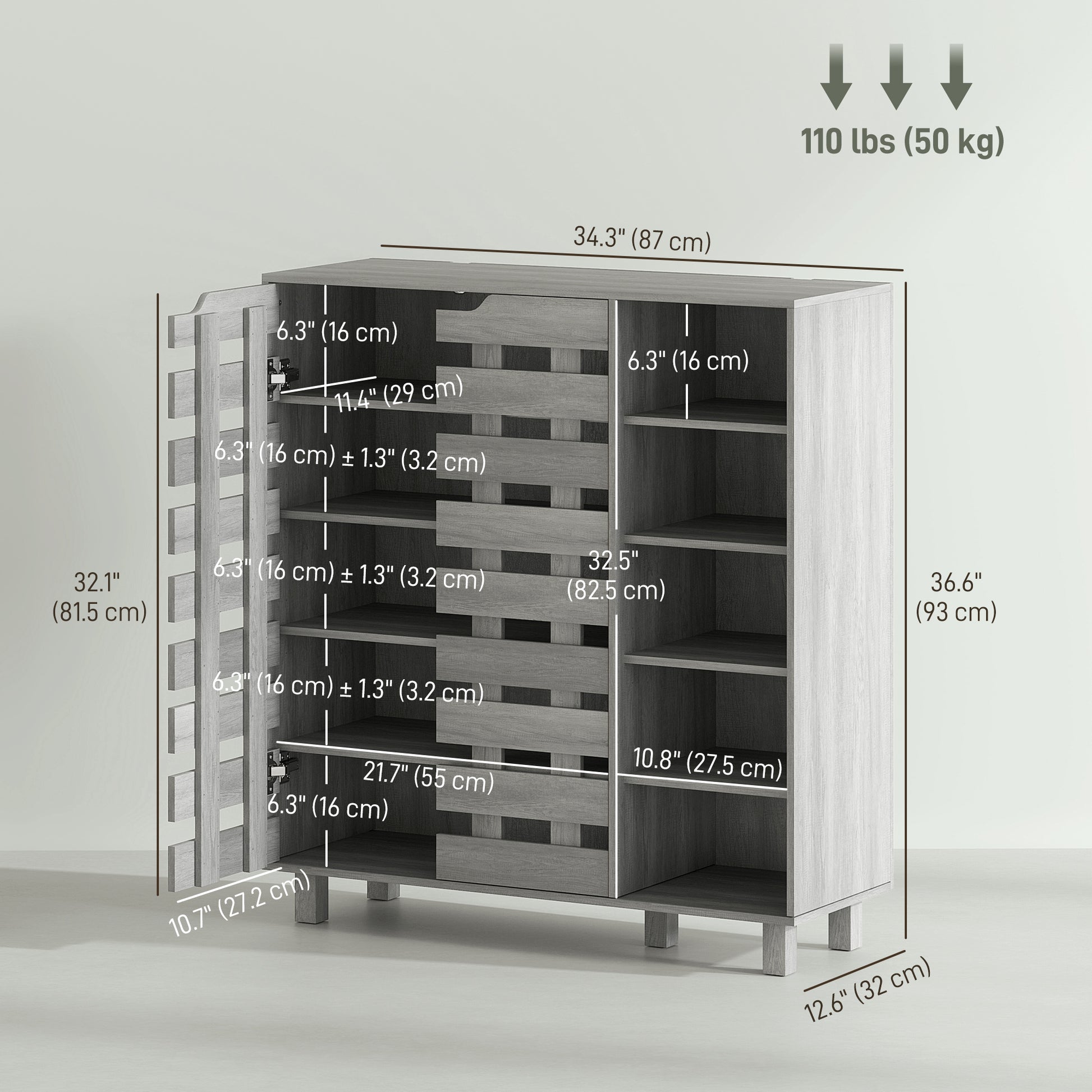 HOMCOM Modern Light Grey Shoe Cabinet Organizer, 21 Pair Storage with Doors