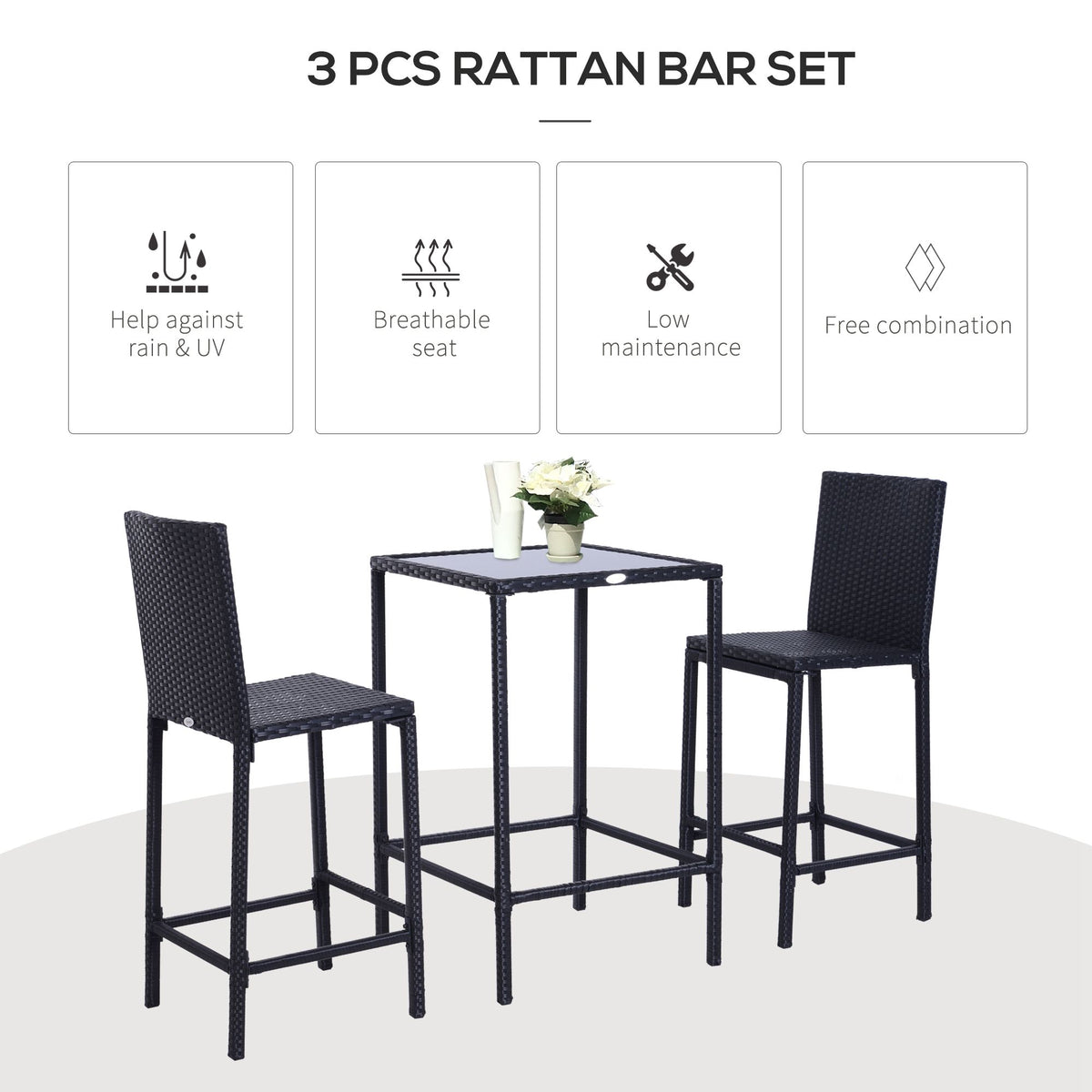 3 Piece Patio Bar Set Wicker Rattan Garden Bistro Set Barstool and Table for Patio Backyard Balcony Poolside