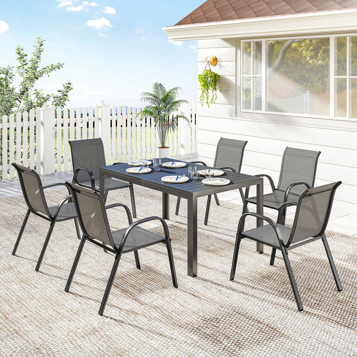 7 Pieces Outdoor Dining Set for 6, Patio Furniture Set with Rectangular Patio Table and Stackable Chairs