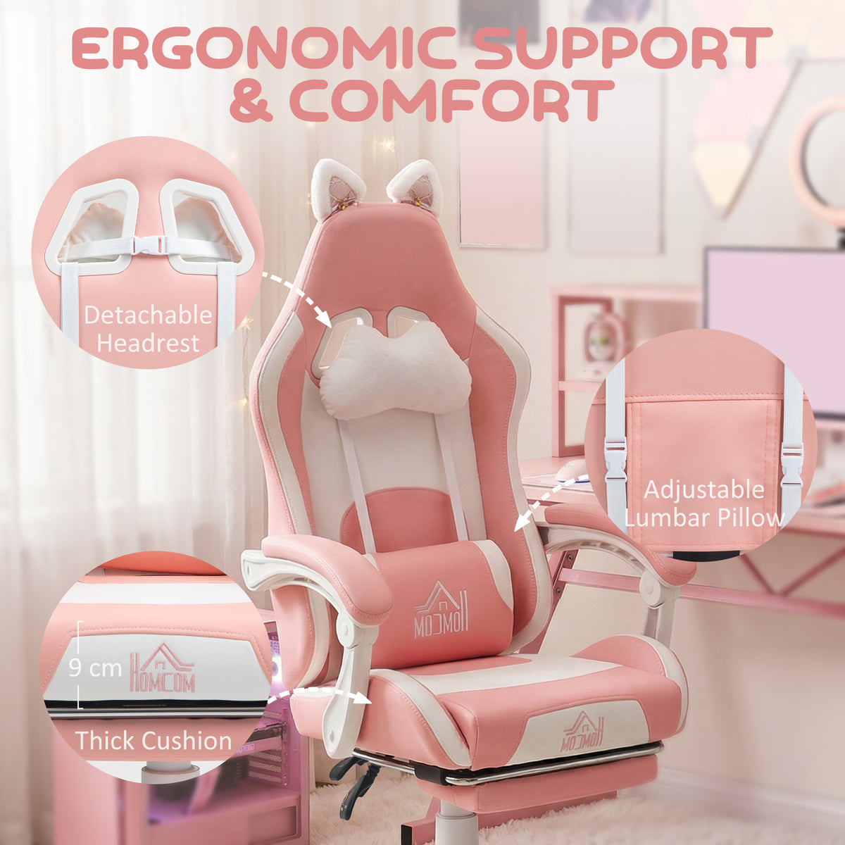 Cute Racing Gamer Chair, Faux Leather Gaming Chair with Footrest, Pink