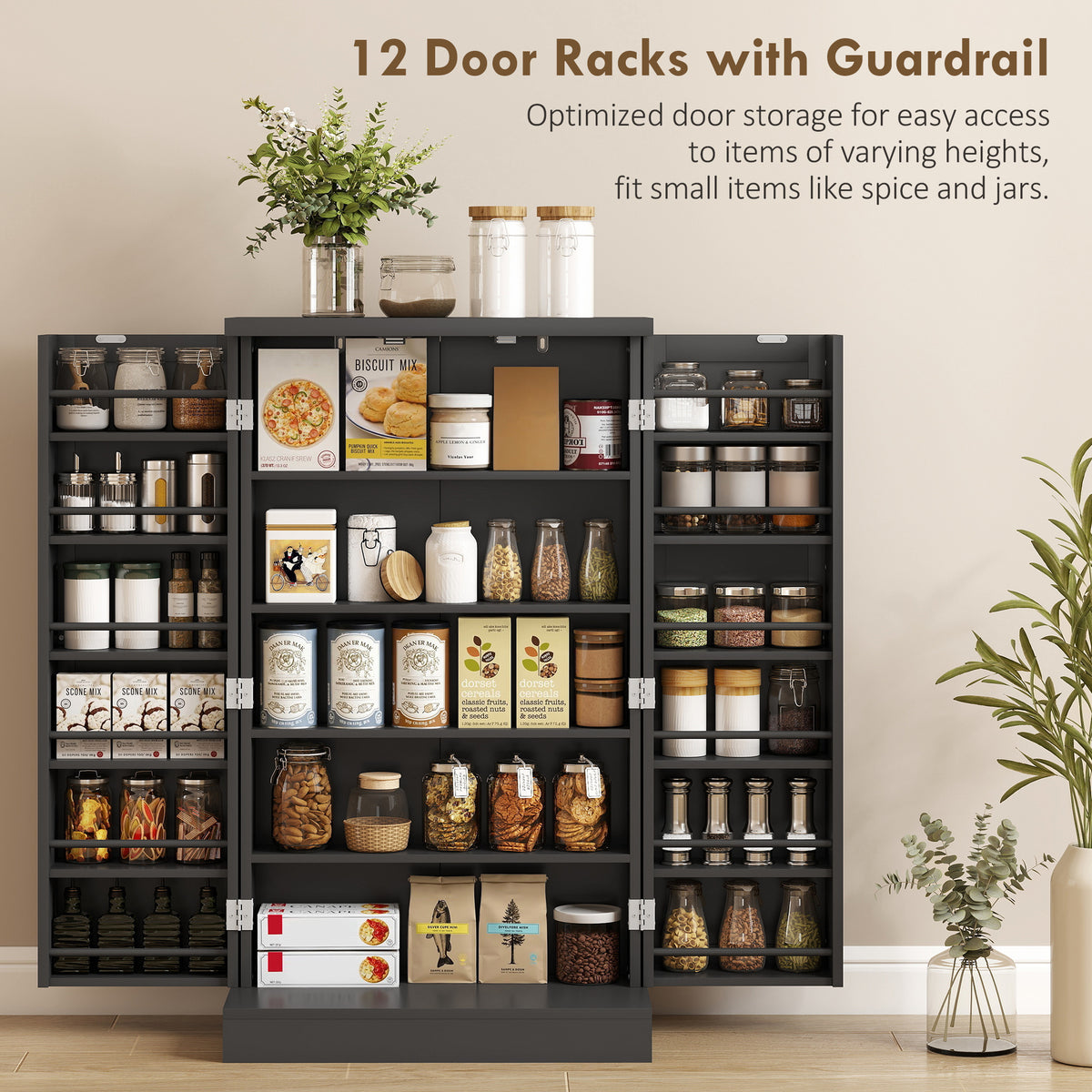 Kitchen Pantry Cabinet with 5-Tier Shelving and 12 Spice Racks – 24"W x 41"H