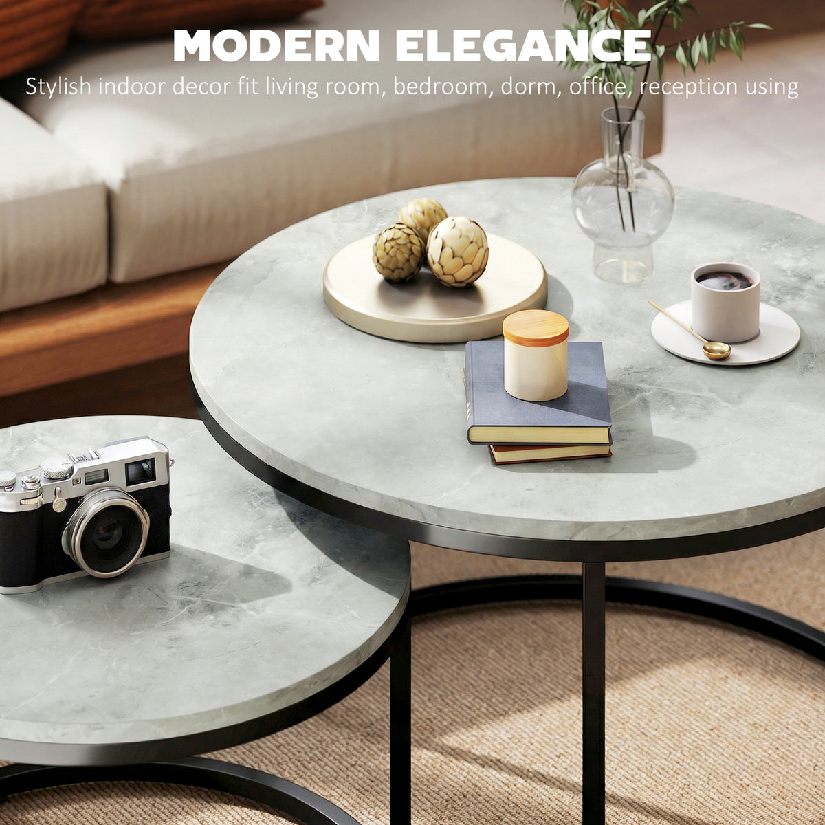 Round Nesting Coffee Table Set of 2, Marble-Effect Top, Metal Base, Grey