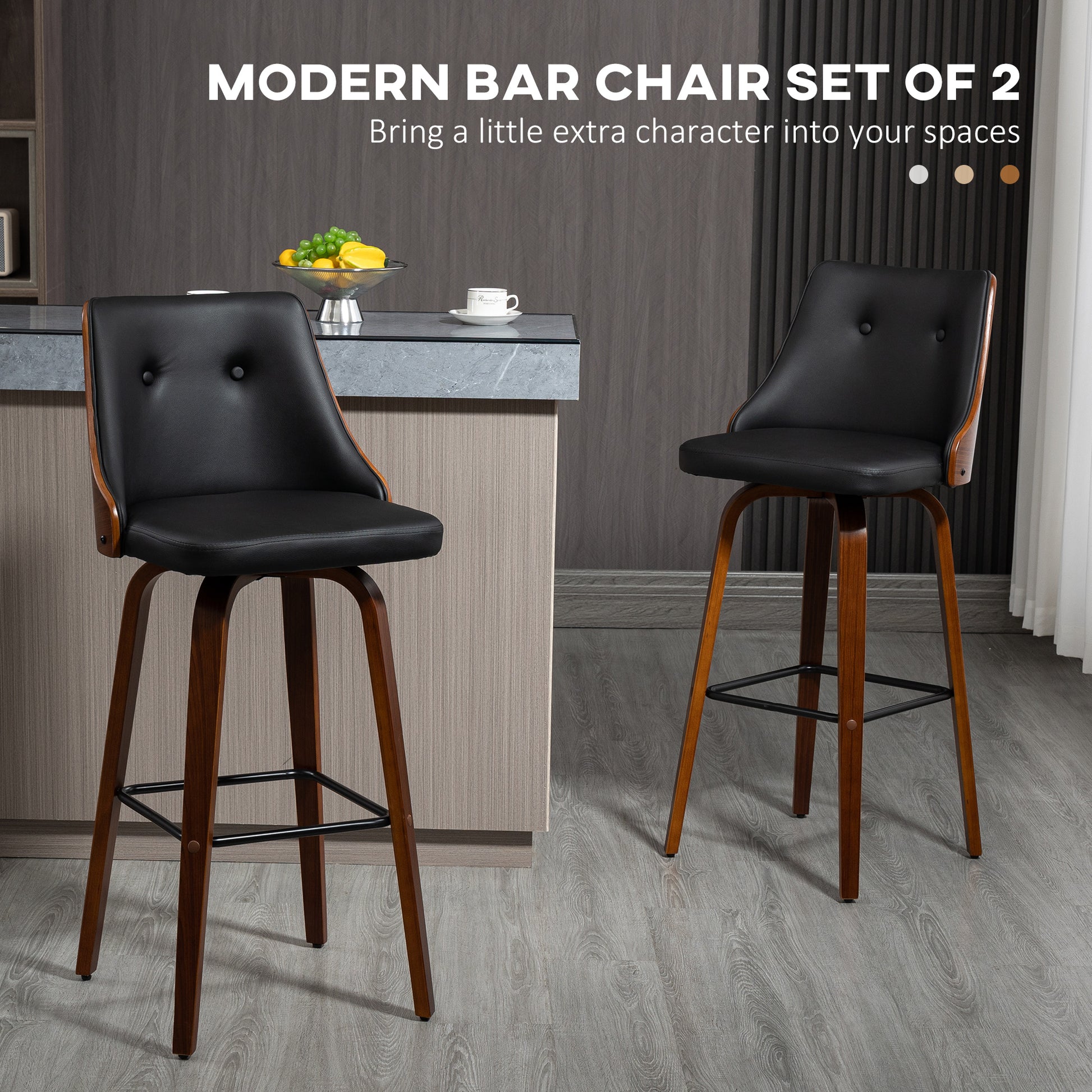HOMCOM Black Tufted PU Leather Swivel Counter Height Bar Stools (Set of 2)
