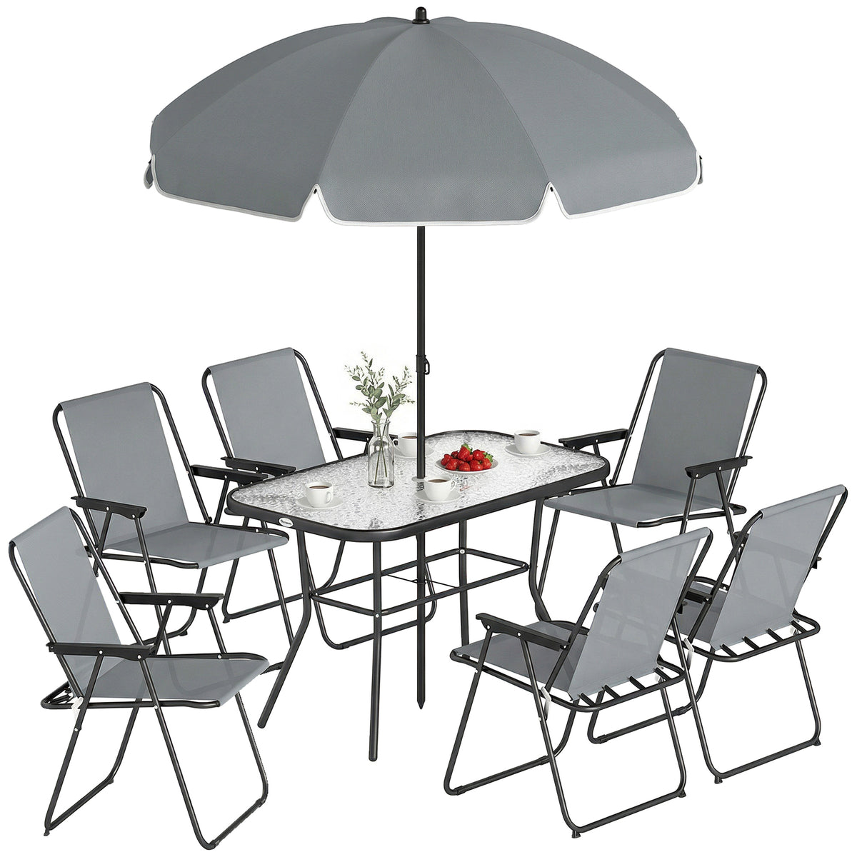 8 Piece Patio Table and Chairs Set with Folding Chairs, Tempered Glass Tabletop and Umbrella for Garden – Grey