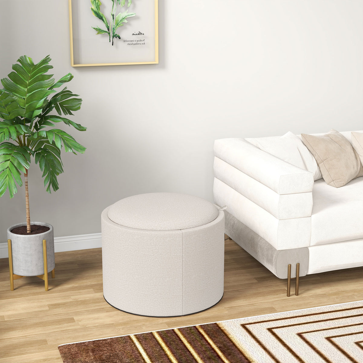 Round Storage Ottoman Coffee Table with Tray Top, Linen Upholstered