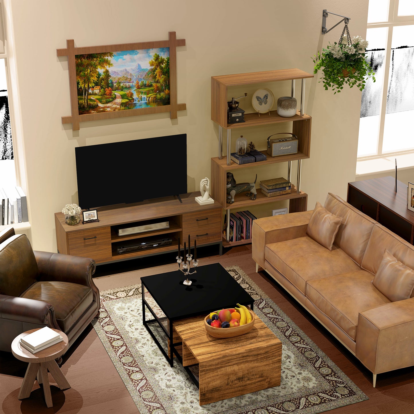 Modern Dark Walnut TV Stand for 50-inch TVs, Entertainment Center with Storage