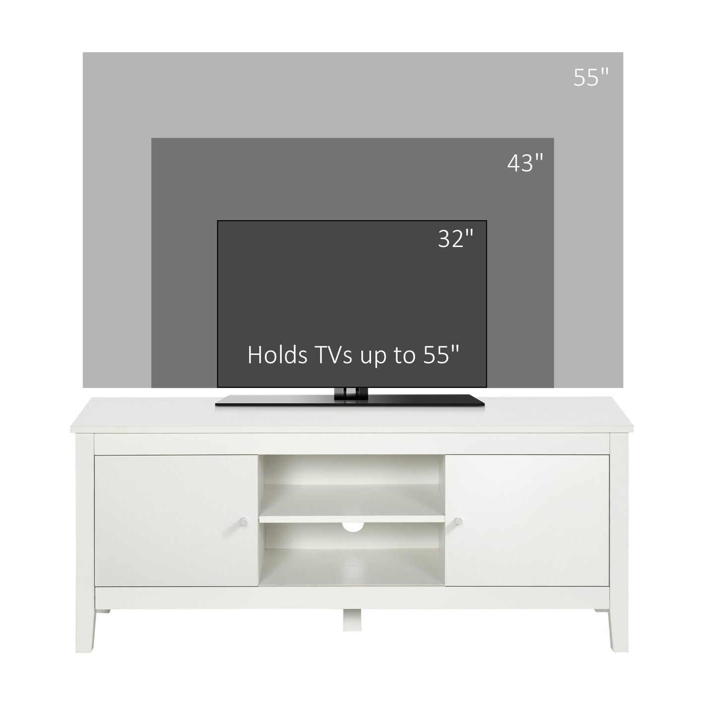 HOMCOM Modern White TV Stand for 55-Inch TVs, Storage Cupboards, Open Shelves