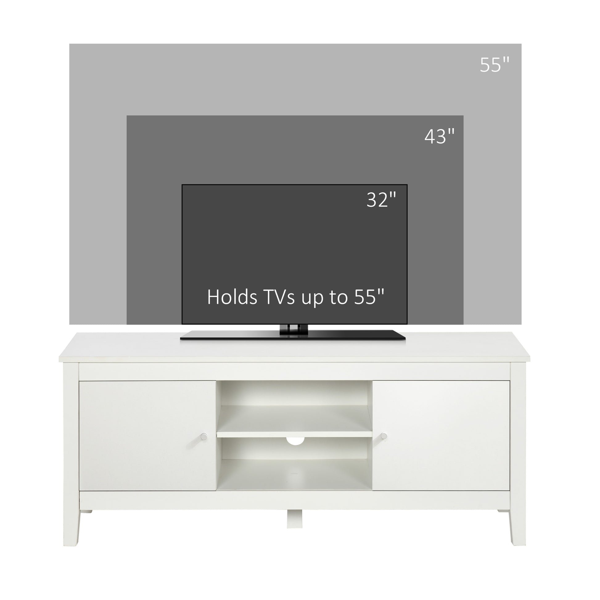 HOMCOM Modern White TV Stand for 55-Inch TVs, Storage Cupboards, Open Shelves