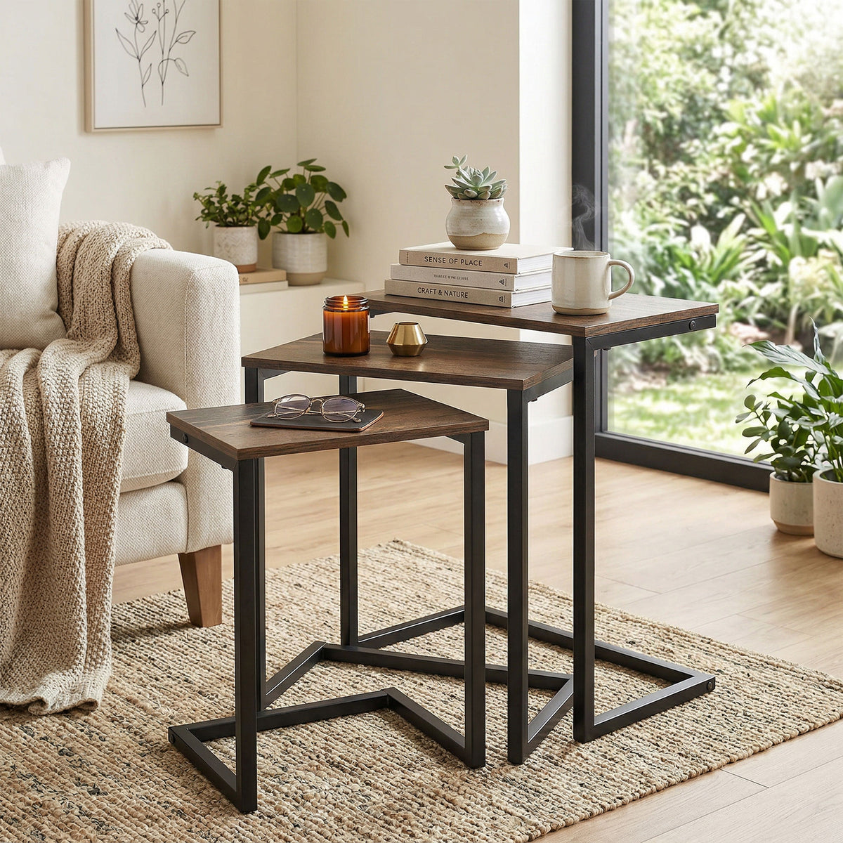 Nesting Side Tables Set of 3 – C-Shaped, Rustic Brown