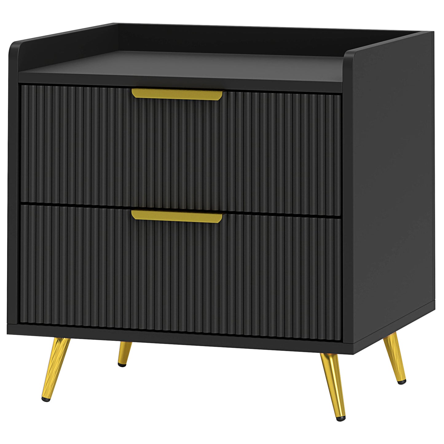 Modern Black Nightstand with Fluted Drawers, Gold Metal Legs, Bedroom Storage