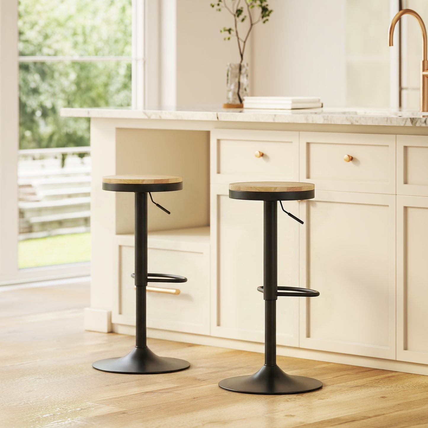 HOMCOM Barstools Set 2 Swivel Adjustable Height Natural Wood Black